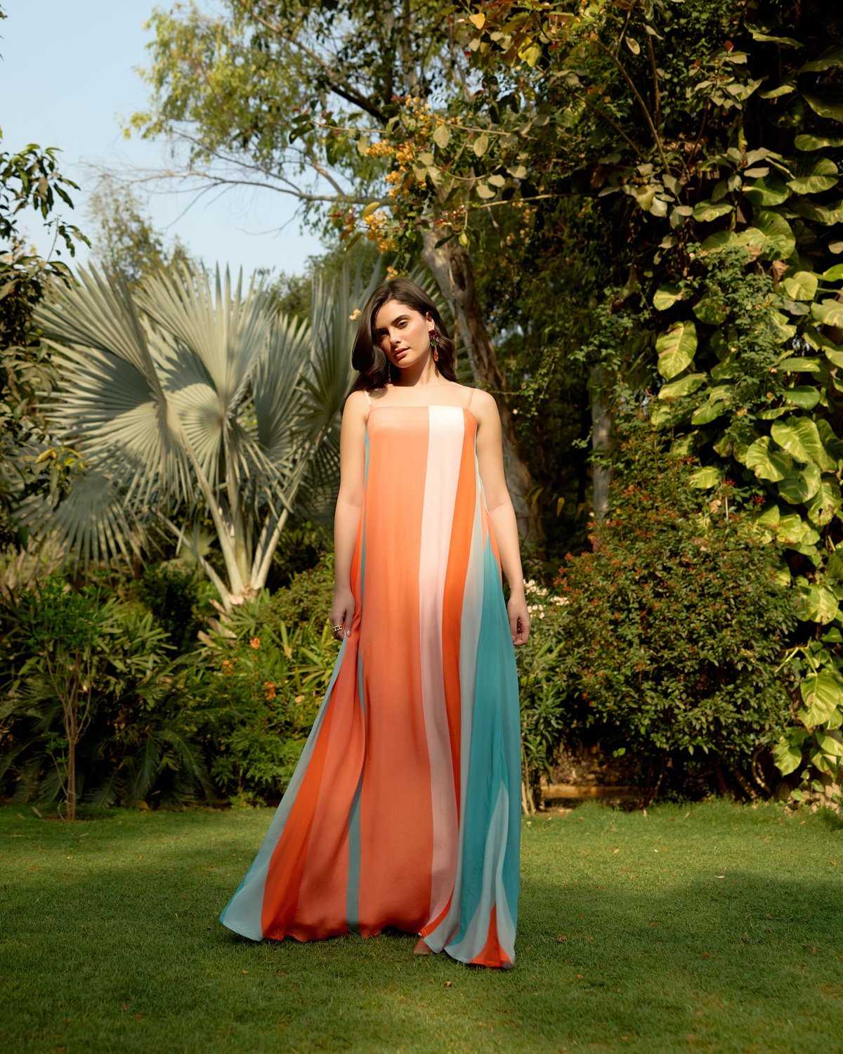 Orange Colorblocked Maxi Slip Dress