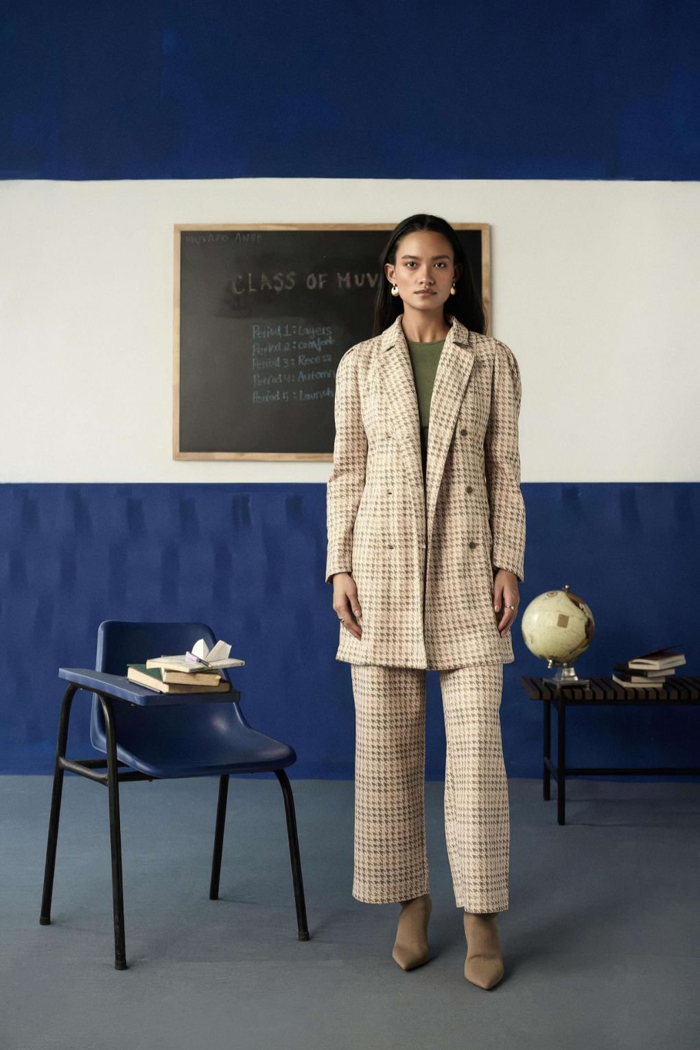 Printed Suede Houndstooth Blazer and Wide-Leg Co-ord Set