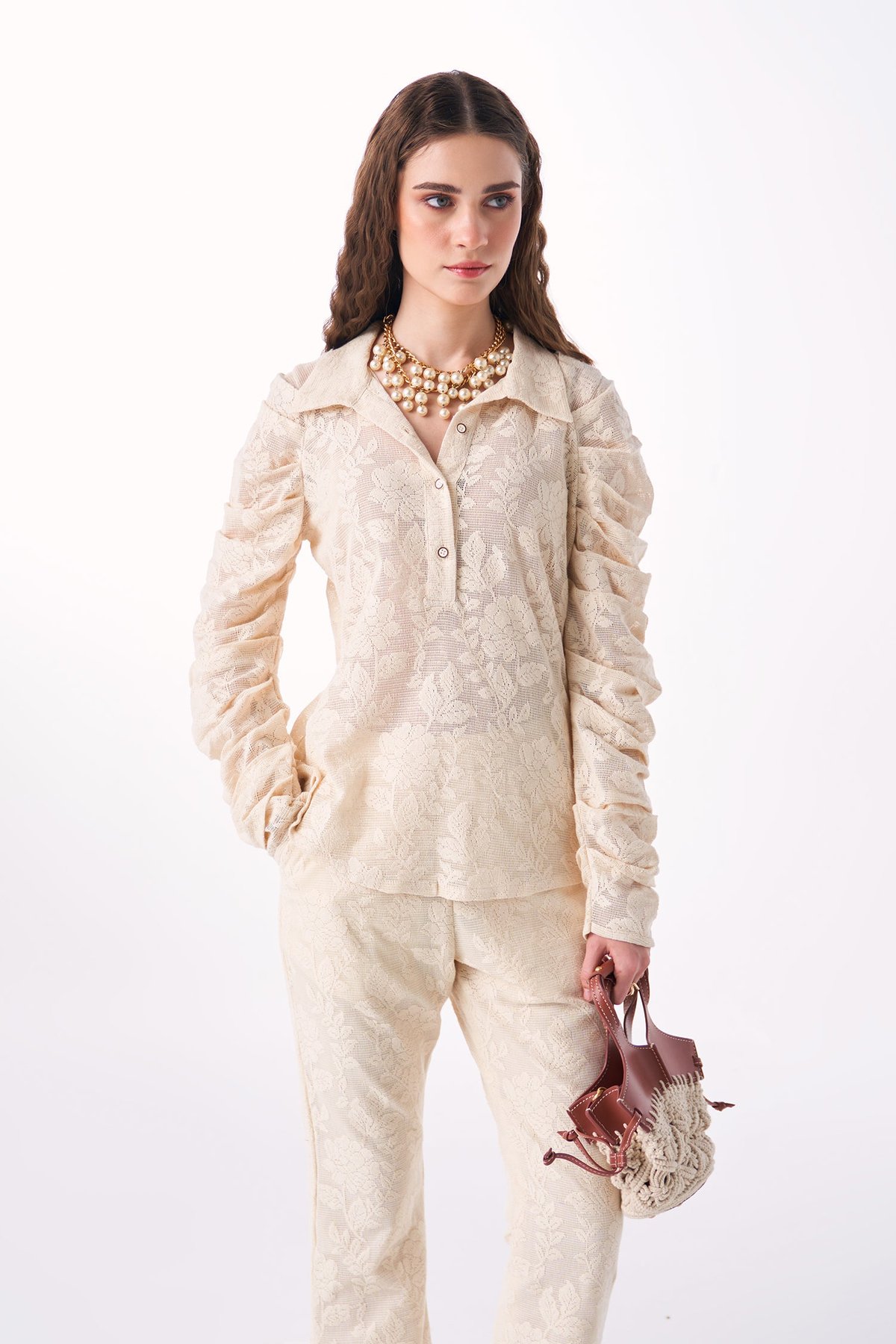 Ivory Lace Shirt and Flared Trousers Co-ord Set