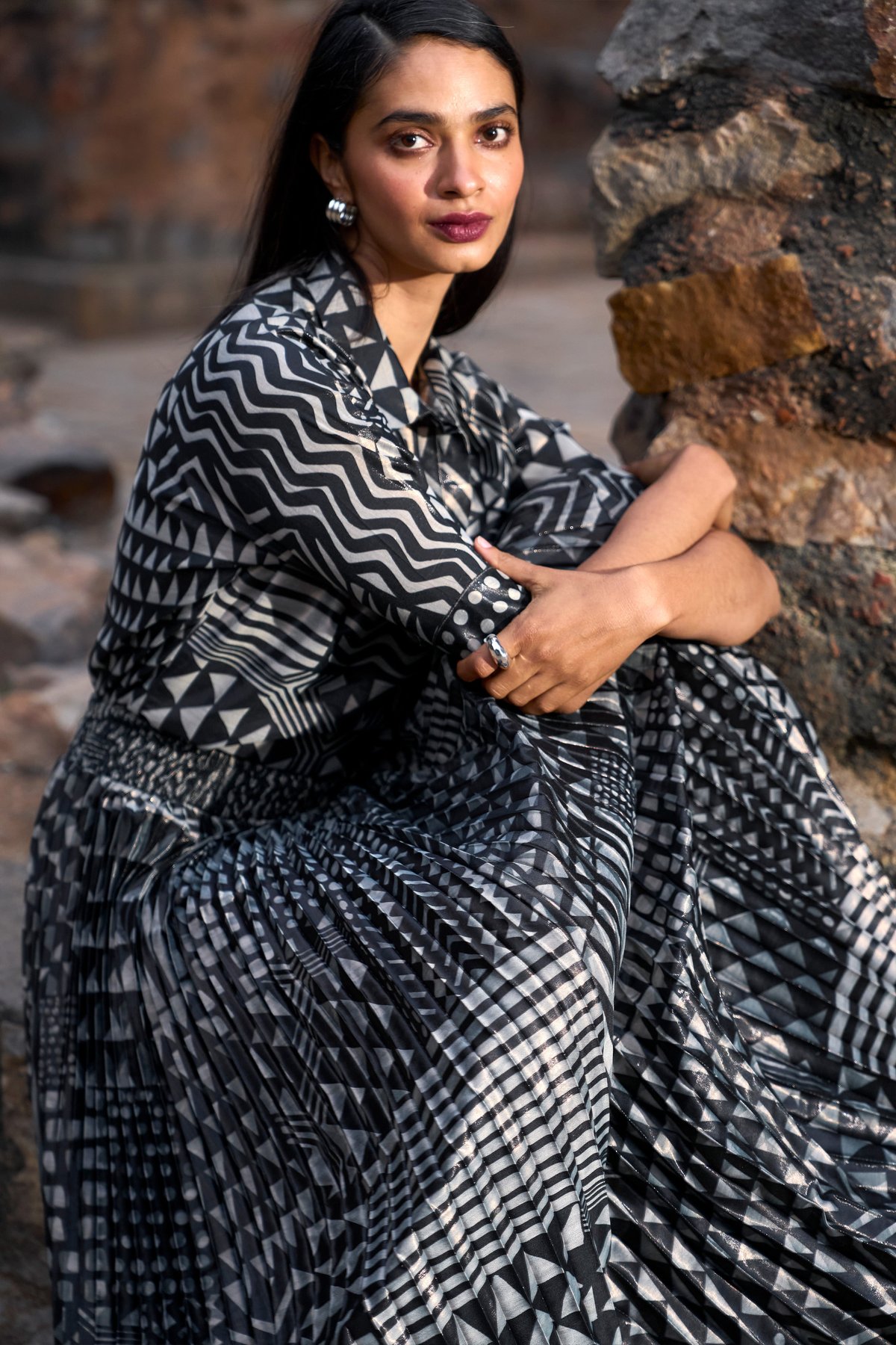 Monochrome Tribal Print Shimmer Shirt with Concealed Placket