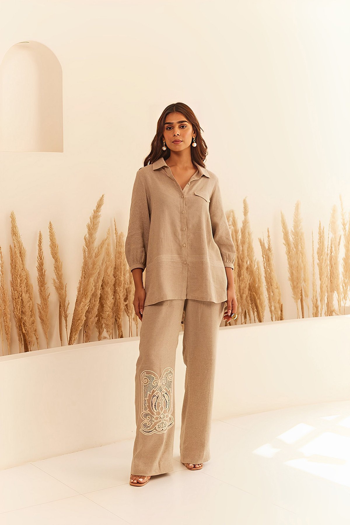 Beige Linen-Blend Wide-Leg Trousers with Cutwork Appliqué