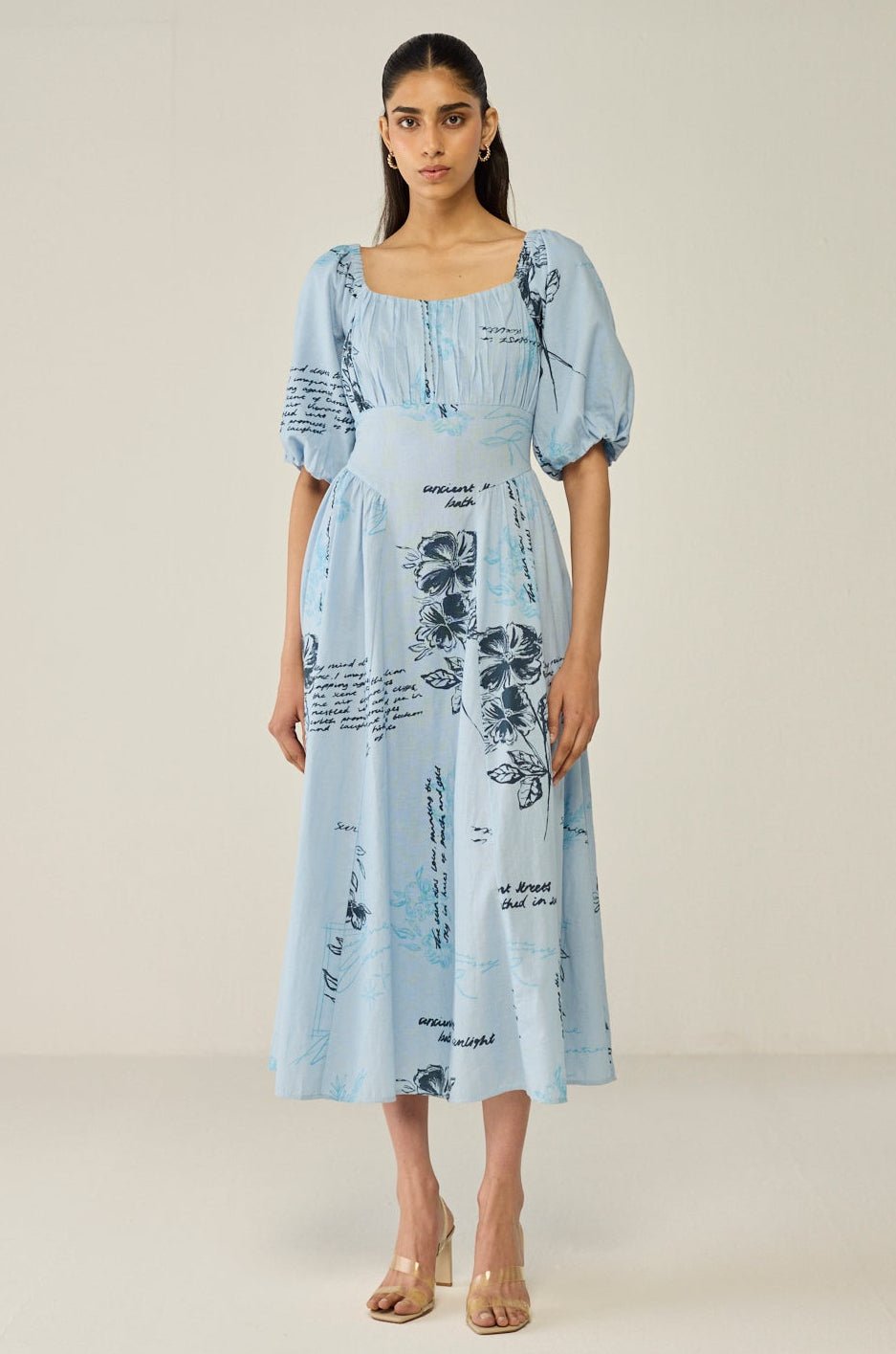 Blue Floral Printed Midi Dress