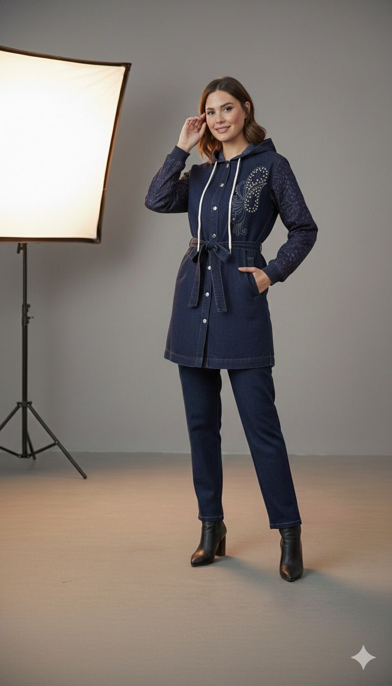 Blue Denim Hooded Shirt and Tapered Pants Co-ord Set