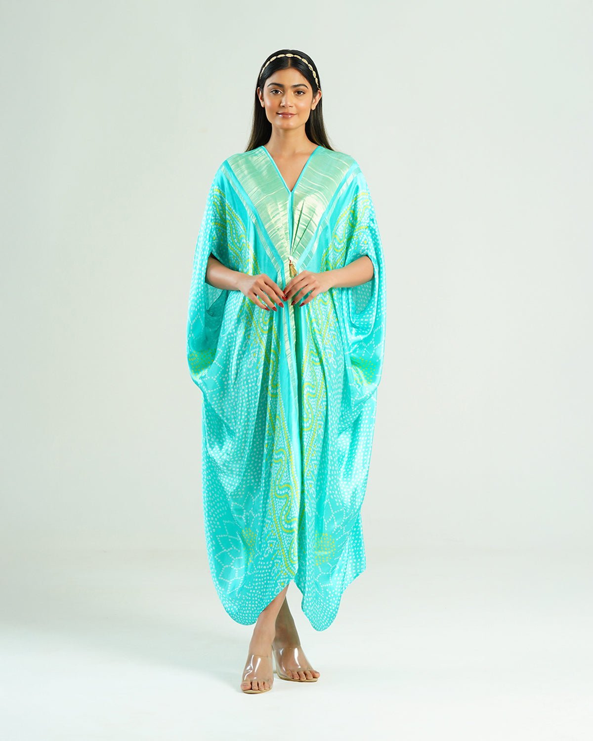 Aquamarine Bandhej Print Kaftan with Gold Zari Panel