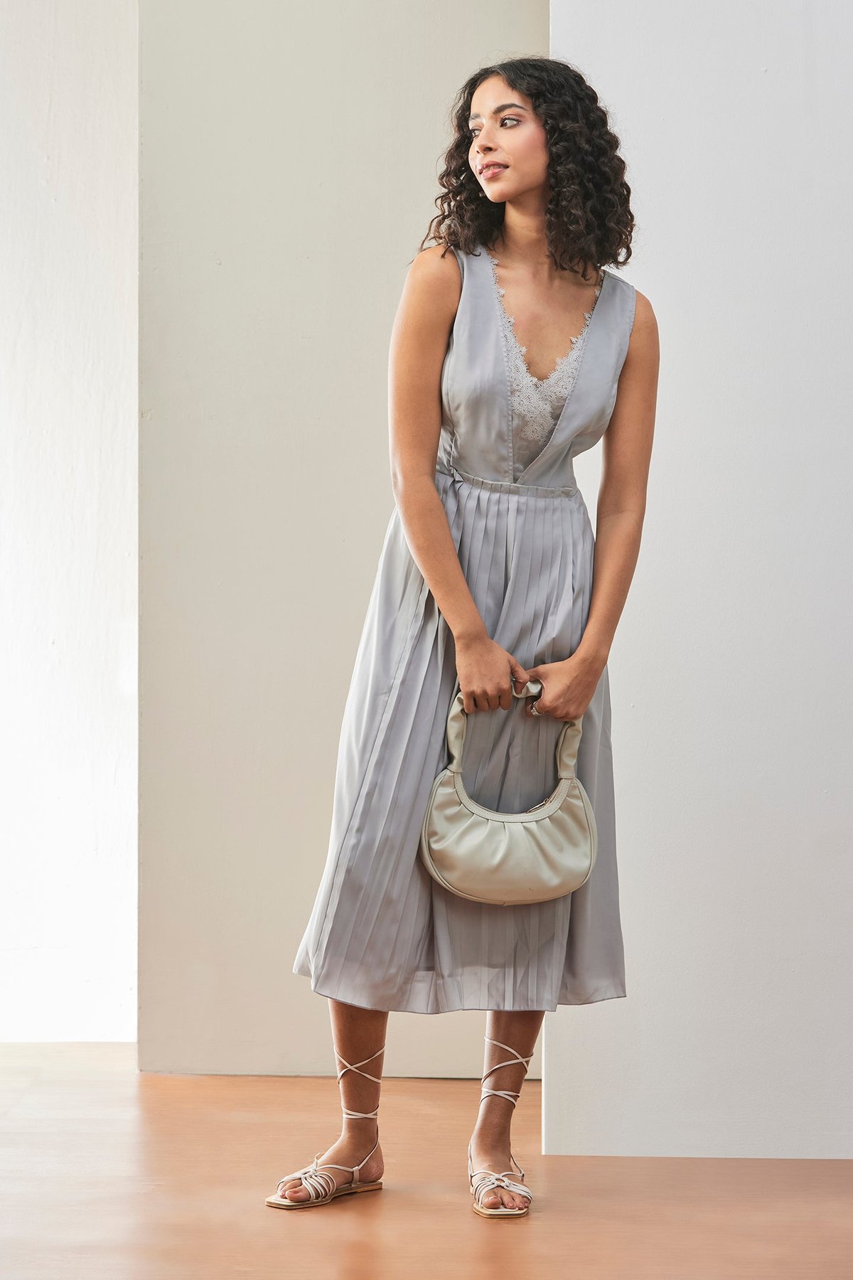 Light Grey Cotton Satin Pleated Midi Dress
