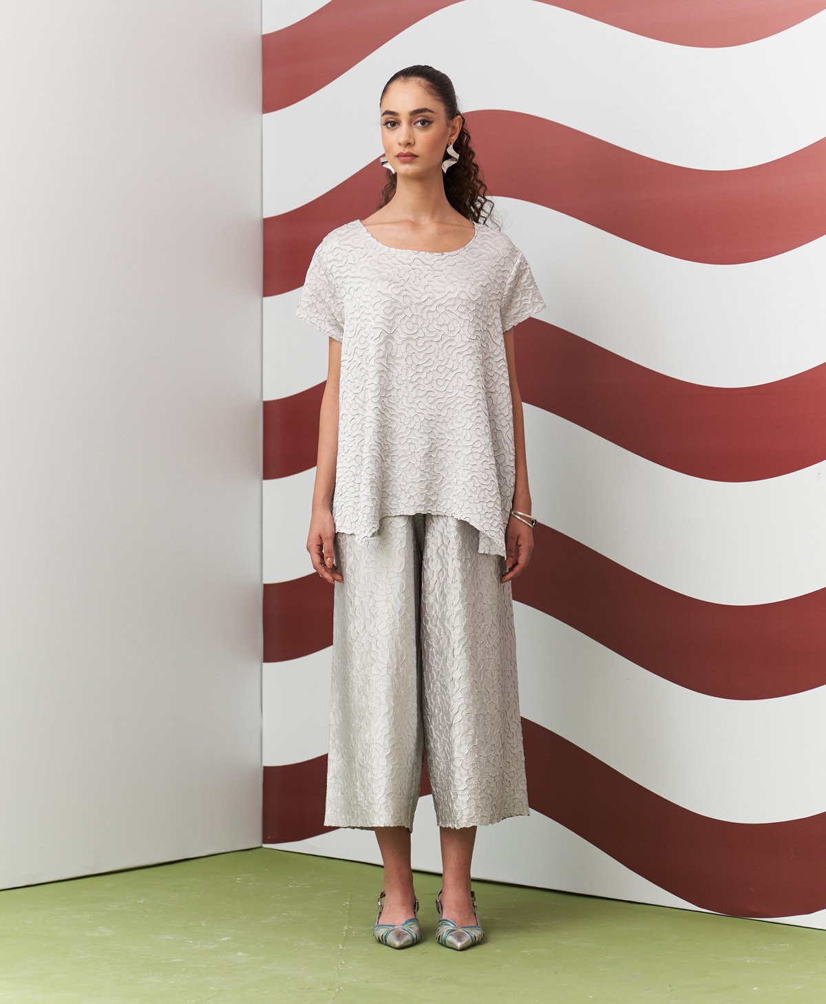 Grey Textured Asymmetric Top and Wide-Leg Pants Co-ord Set