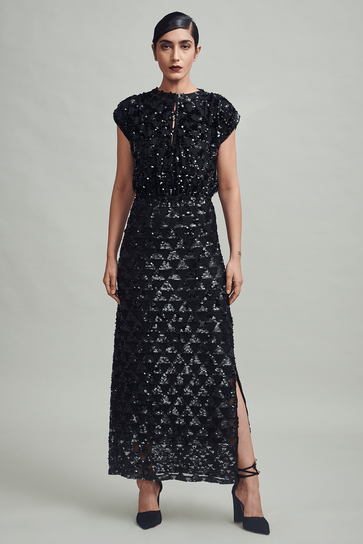 Black Sequin Straight Maxi Dress with Keyhole Neck