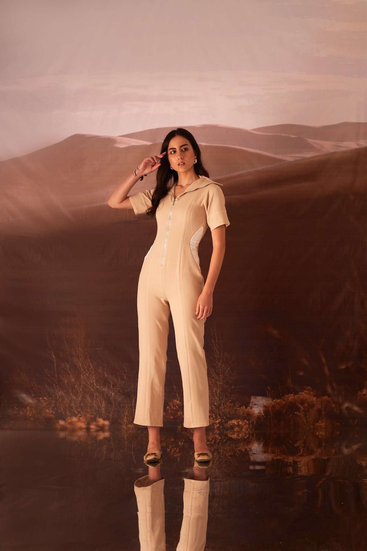 Cream Zip-Front Panelled Slim Fit Jumpsuit
