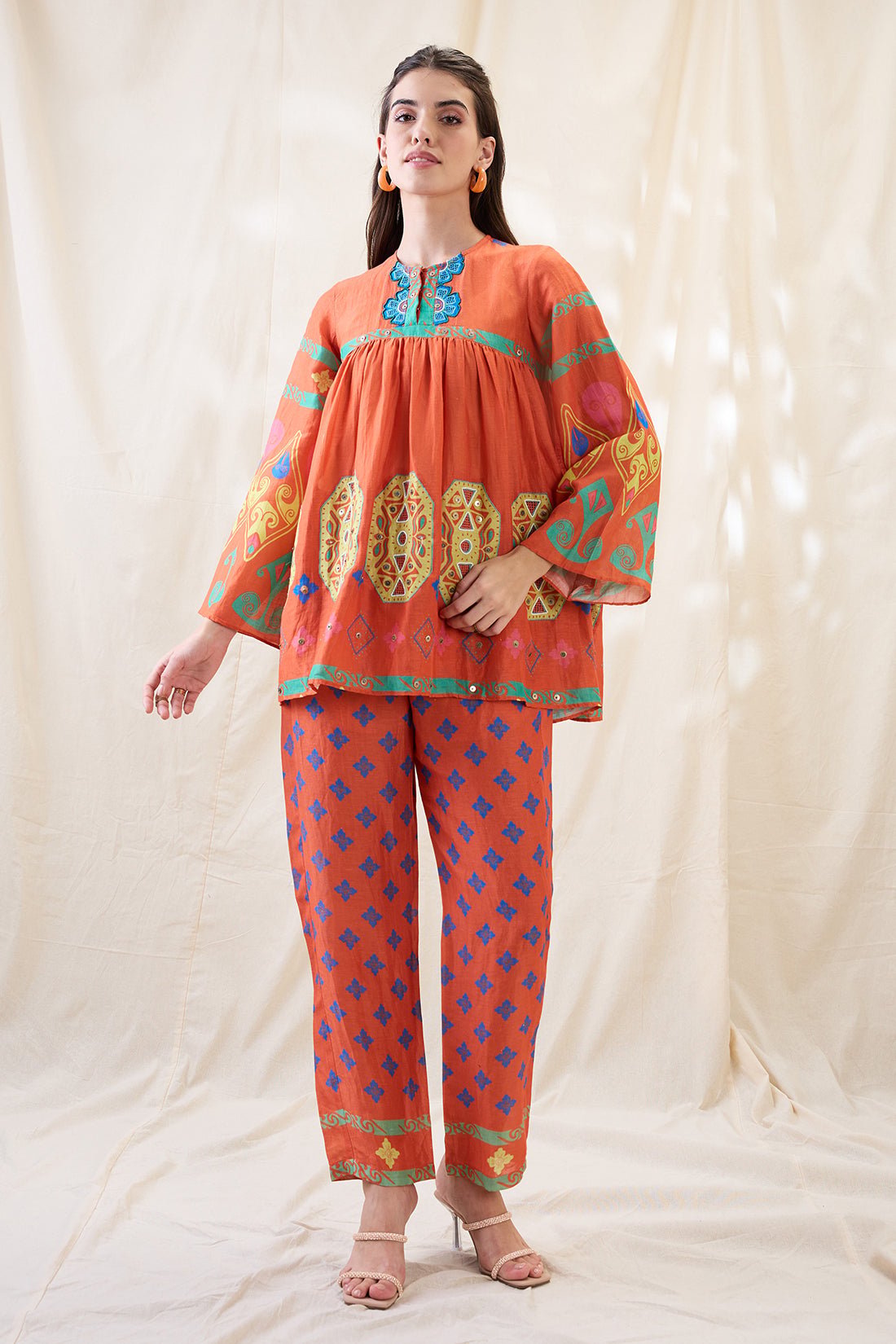 Orange Printed Linen Co-ord Set with Gathered Top
