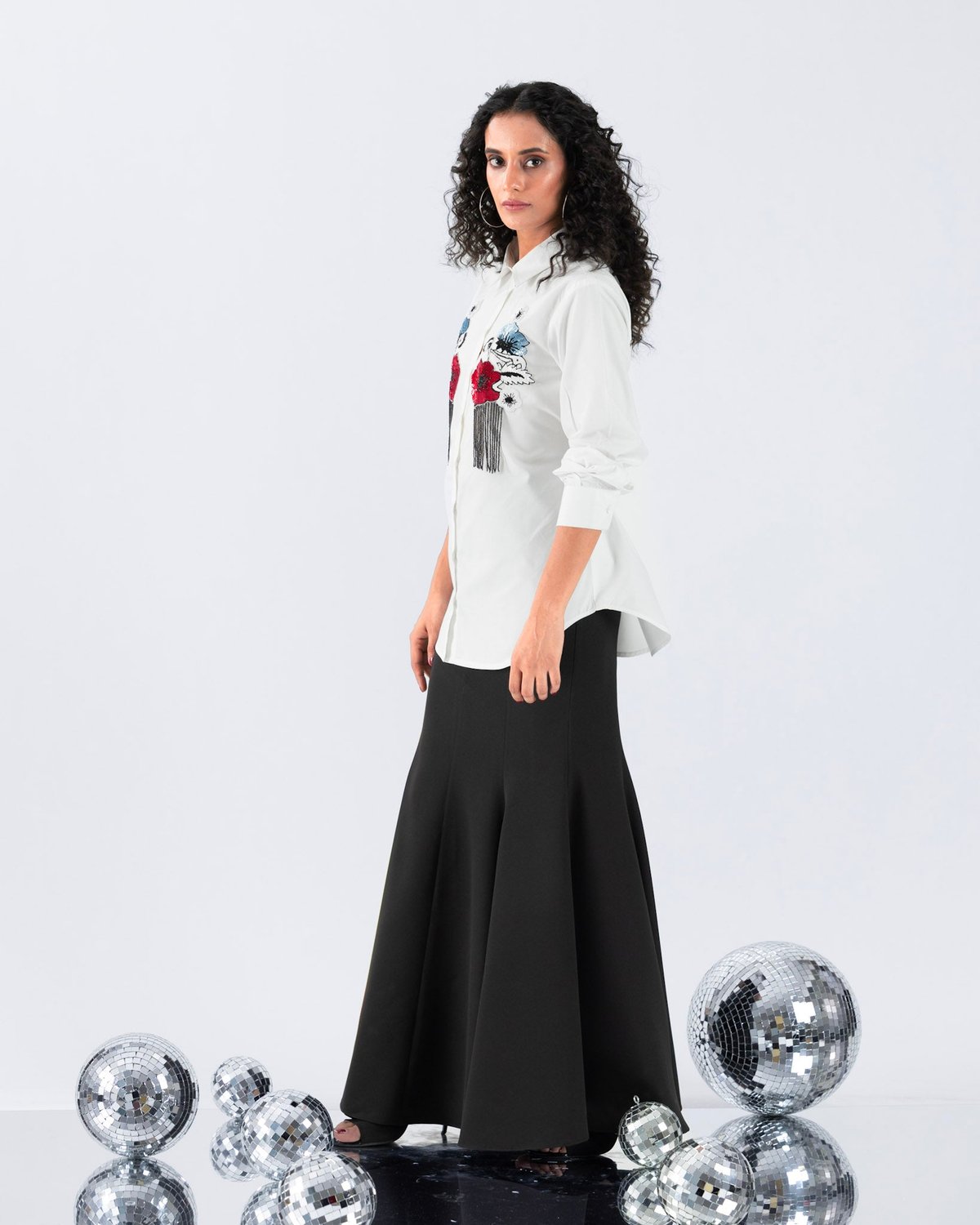 White Cotton Button-Down Shirt with Floral Embellishment