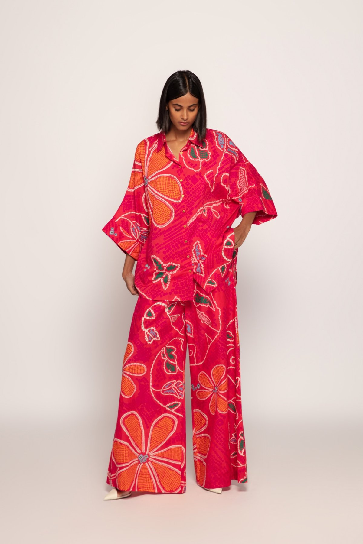 Pink/Orange Bandhani Print High-Rise Palazzo Trousers