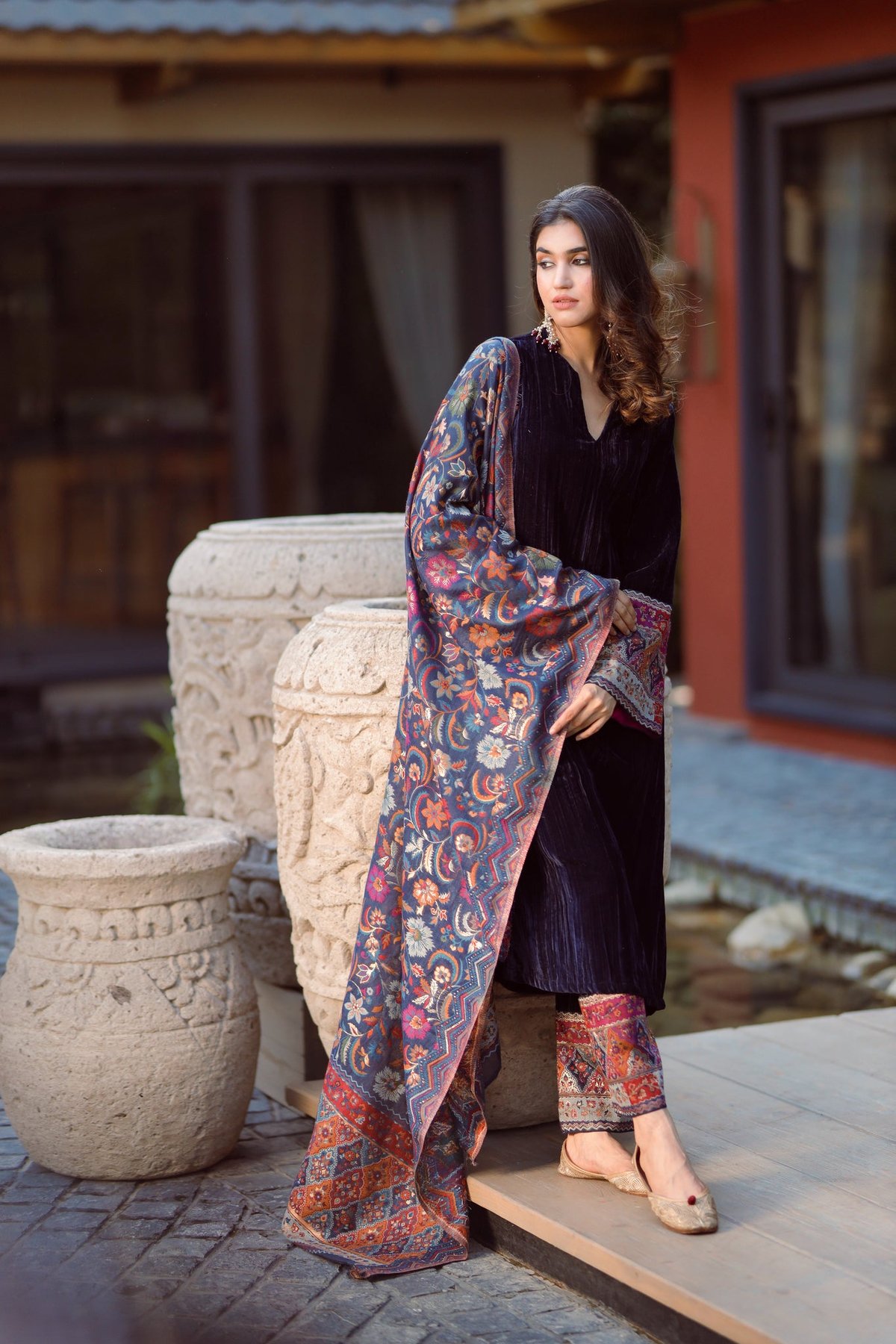 Navy Blue Velvet Straight Kurta Set with Chanderi Dupatta