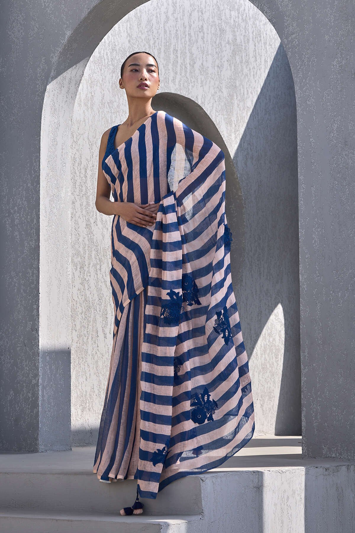 Peach and Blue Striped Linen Saree with Lace Motifs