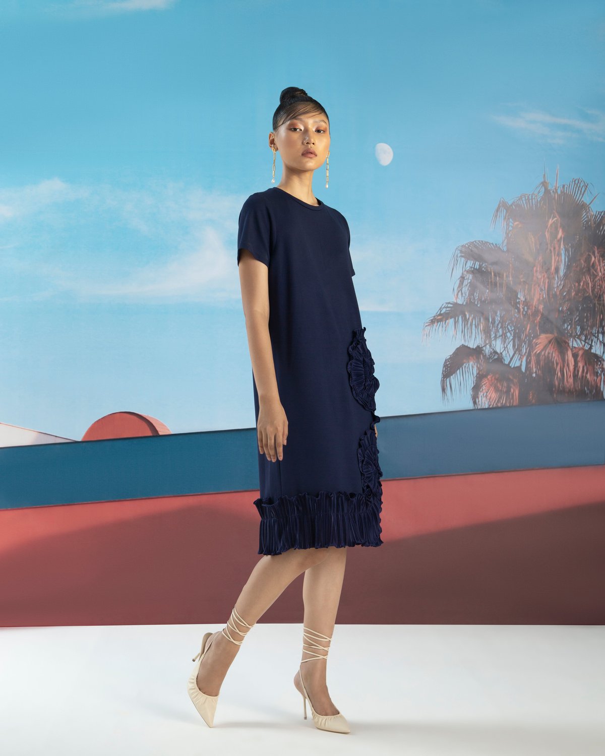 Blue Scuba Jersey Shift Midi Dress with Pleated Floral Edge