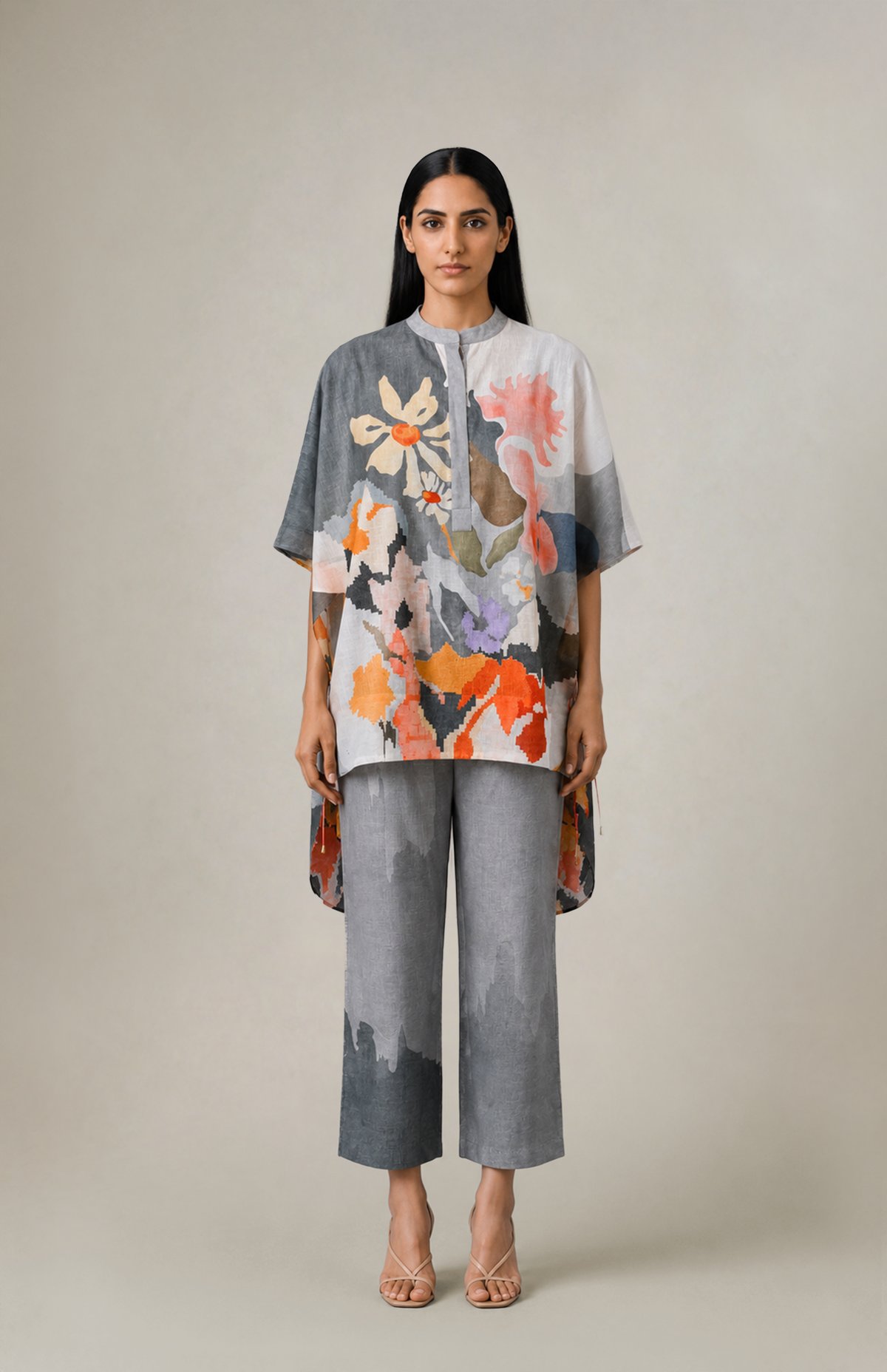 Grey Abstract Print Kaftan Co-ord Set