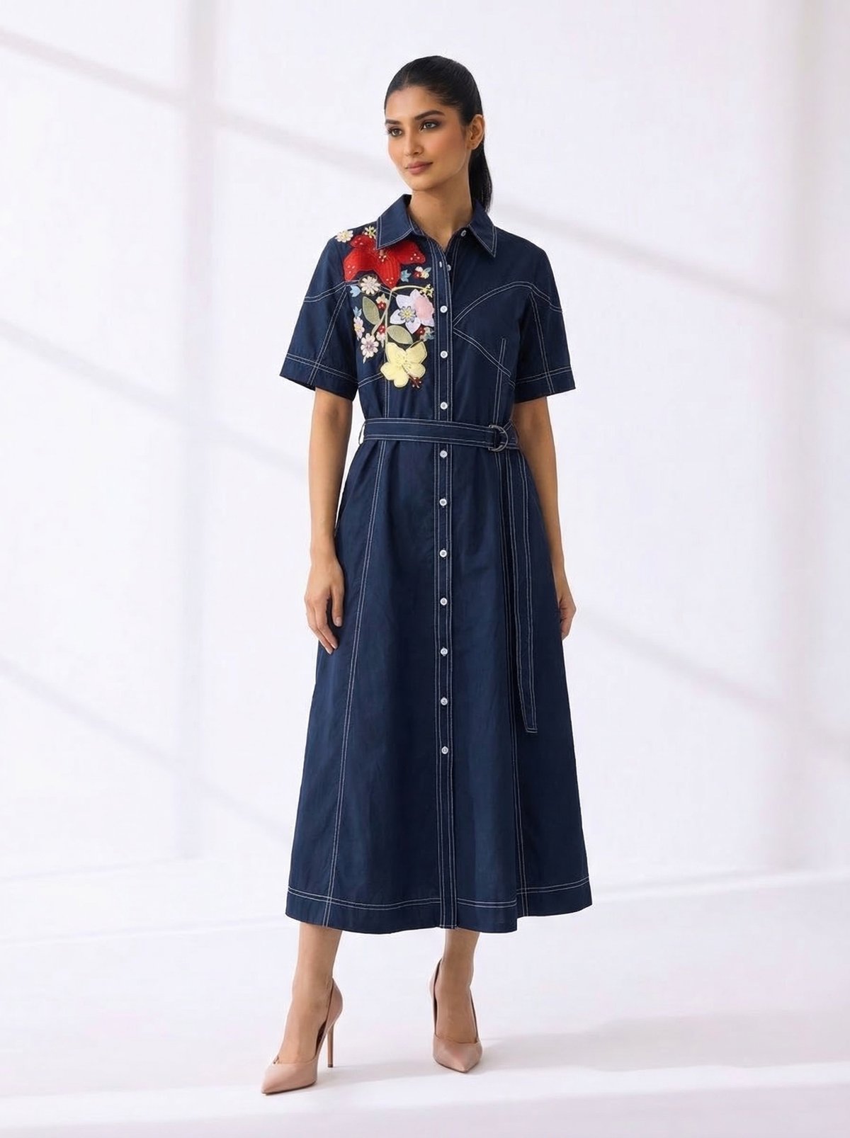 Navy Cotton Embroidered Belted Shirt Midi Dress