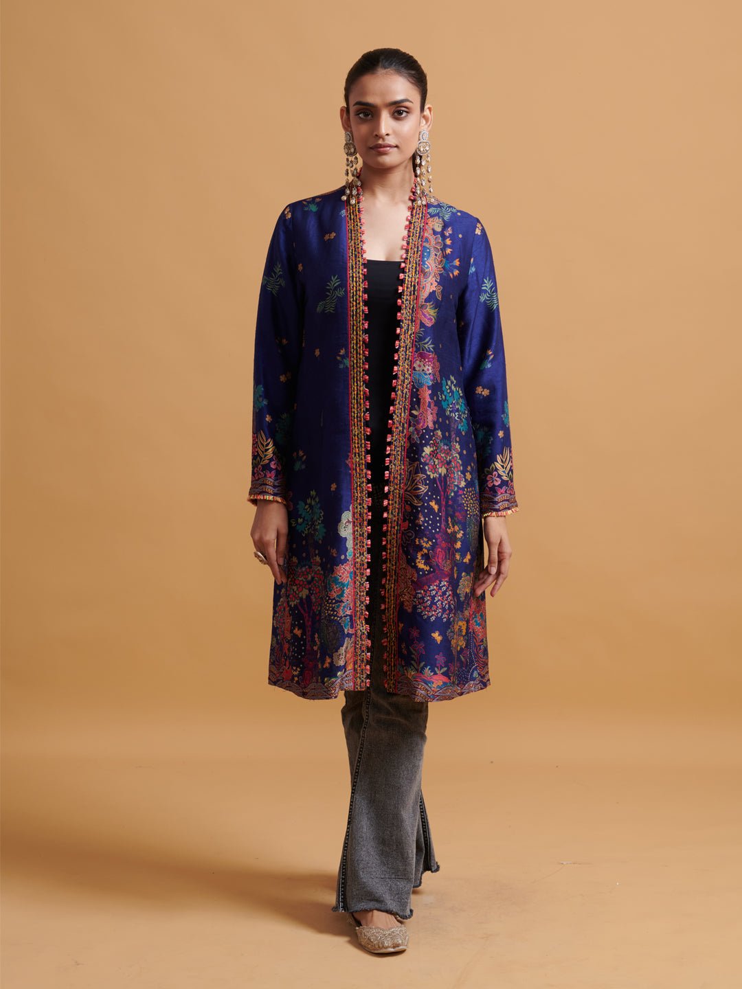 Blue Longline Printed Jacket with Embroidered Placket