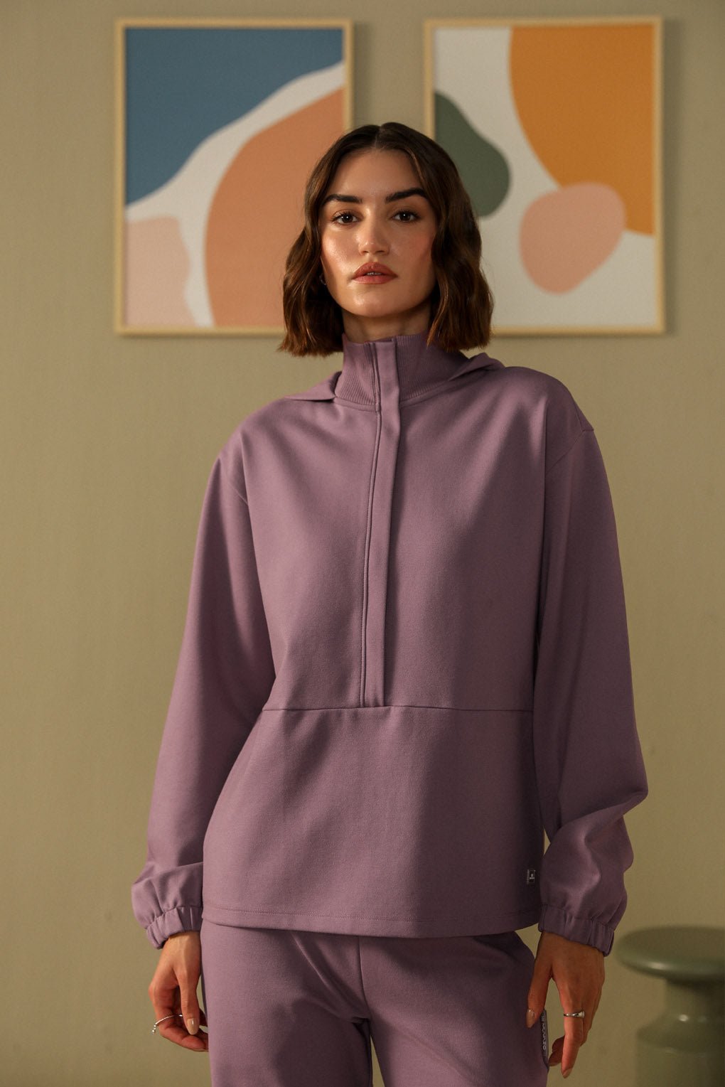 Rust Pink High Neck Zip Co-ord Set with Straight Pants