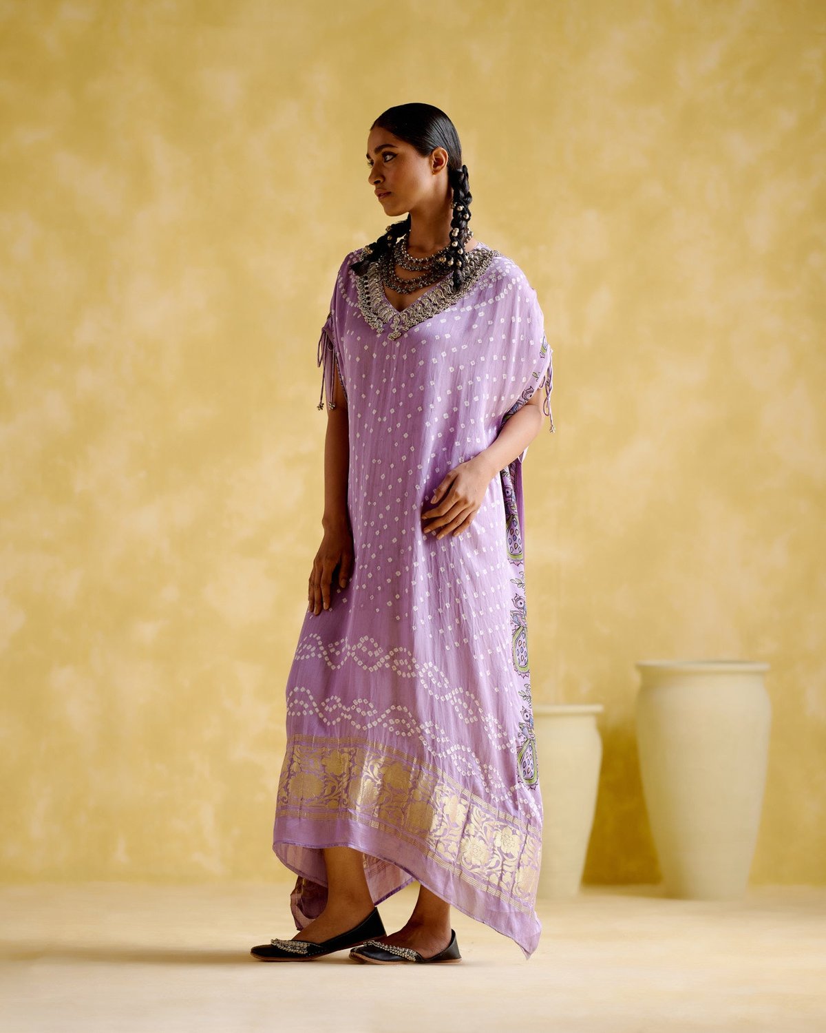Purple Bandhani Kalamkari Print Kaftan with Embellished V-Neck
