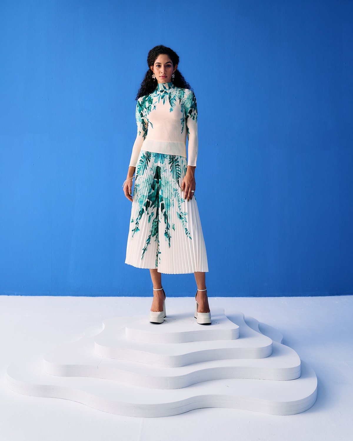 White and Green Tropical Print Co-ord Set
