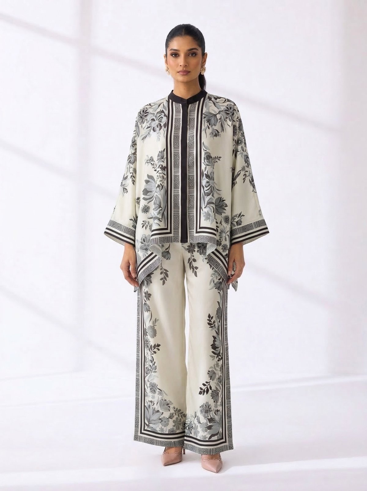 Ivory Monochrome Floral Cape-Sleeve Top