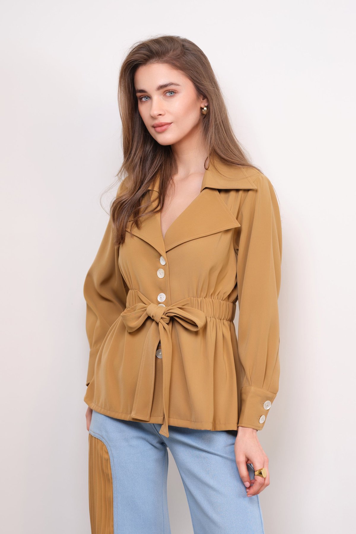 Beige Trench-Inspired Tie-Waist Button-Front Top