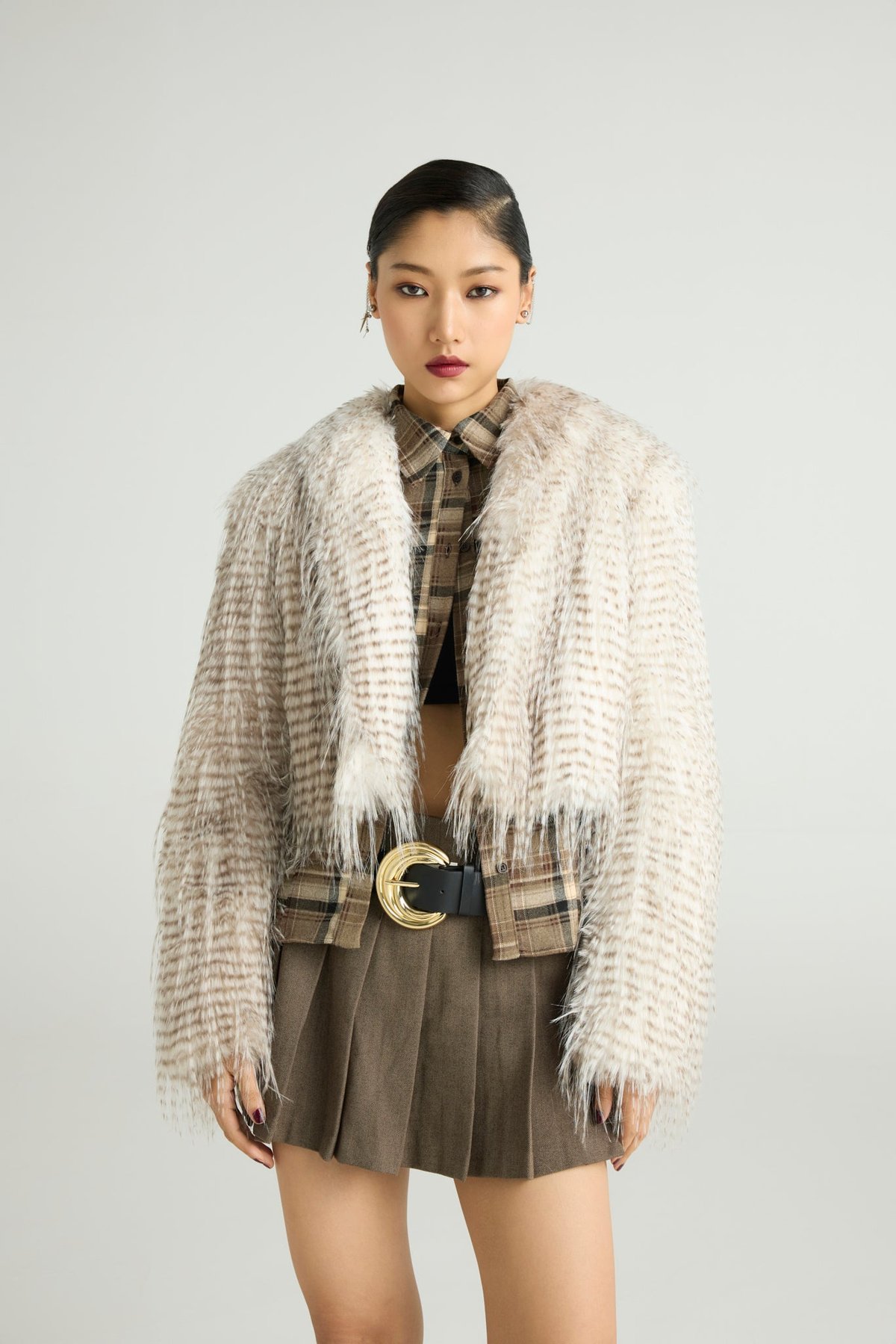 Beige Cropped Faux Fur Jacket