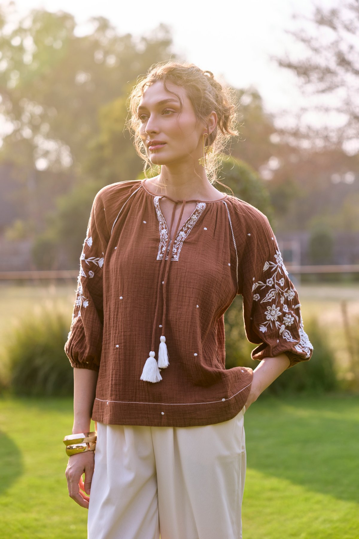 Brown Cotton Embroidered Tie-Up Neck Flowy Top