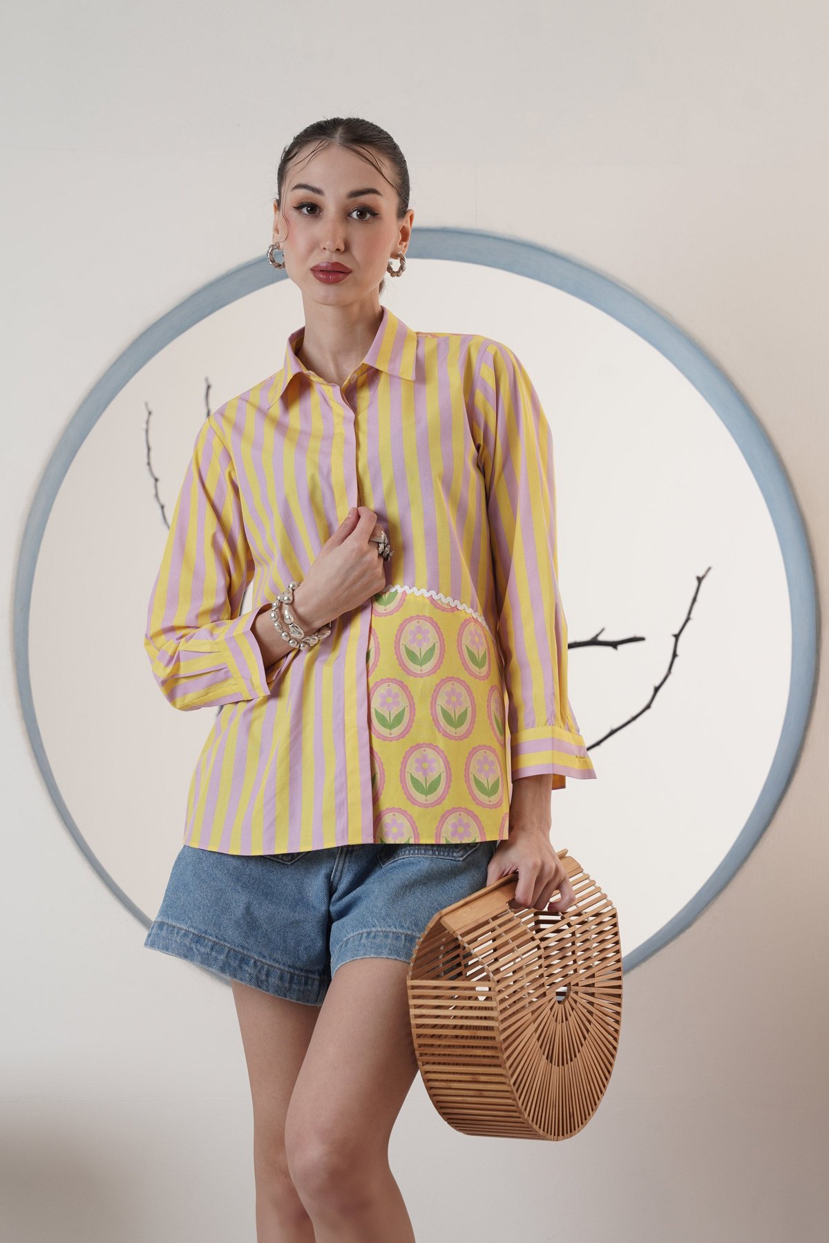 Lilac and Yellow Striped Shirt with Floral Print Panel