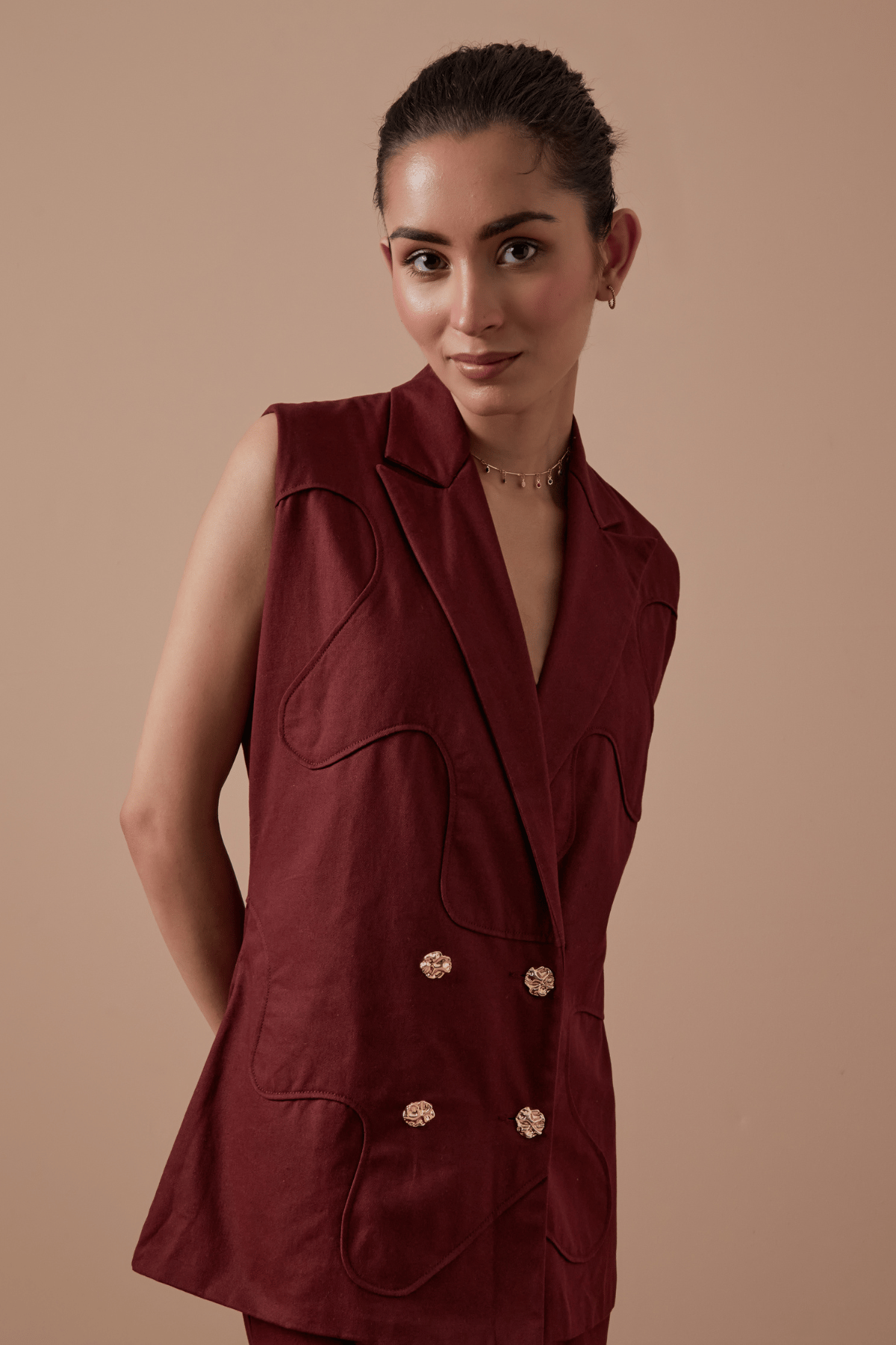 Merlot Sleeveless Double-Breasted Tailored Blazer
