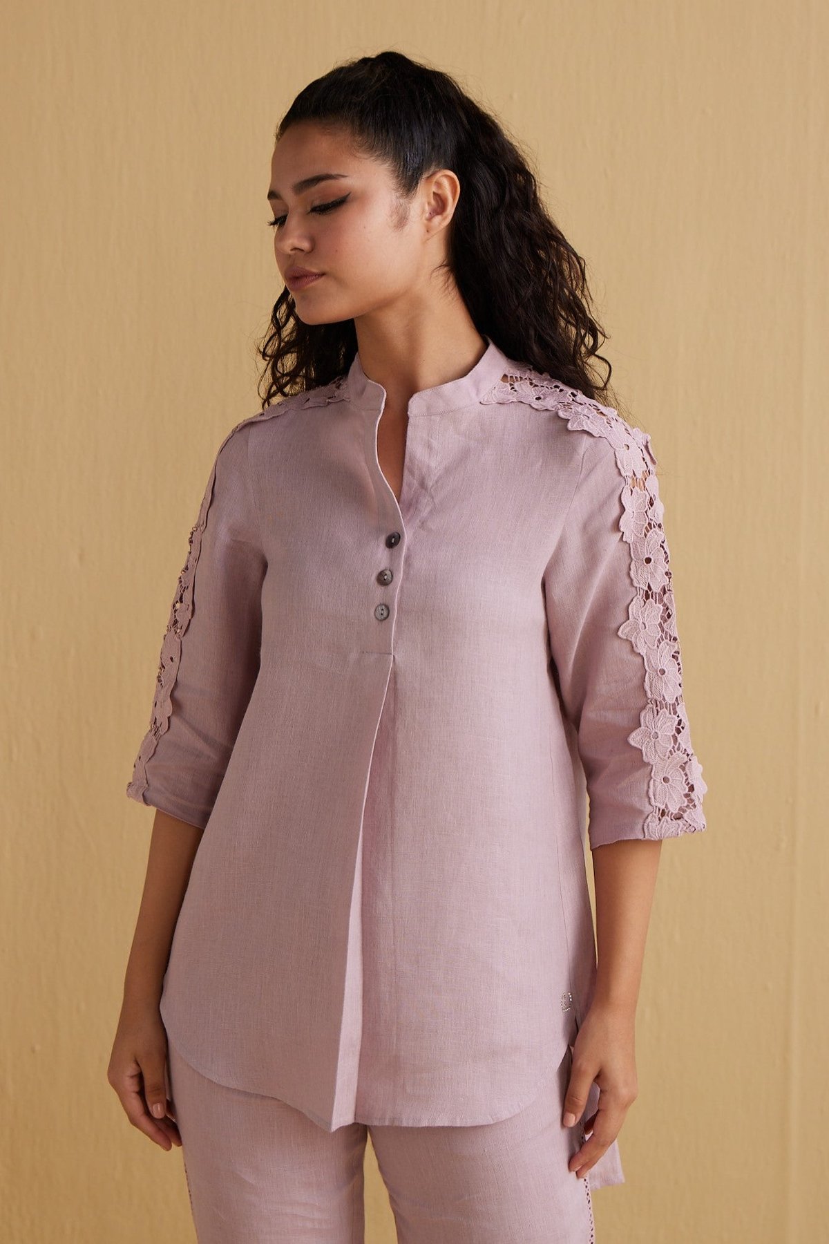 Lavender Linen Tunic with Lace Cutwork Sleeves