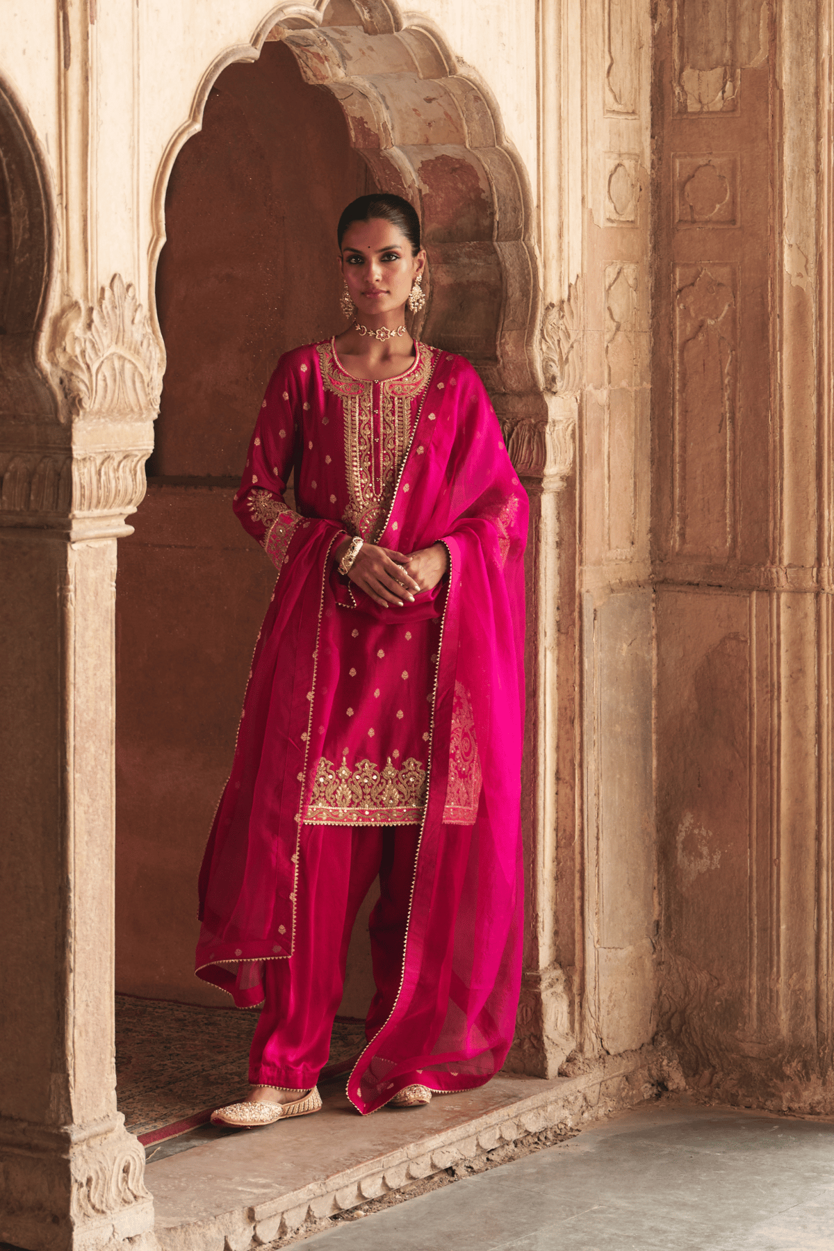 Hot Pink Embroidered Straight Kurta Set with Salwar