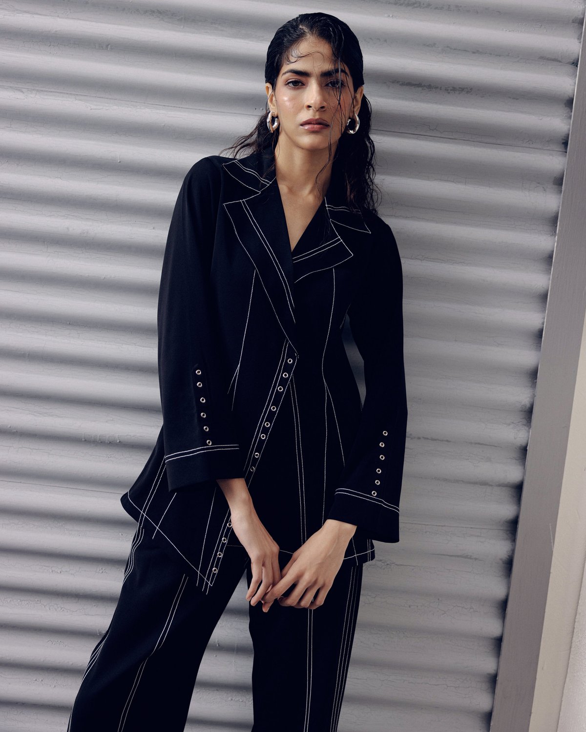 Black Armani Crepe Lapel-Collar Tailored Longline Shirt