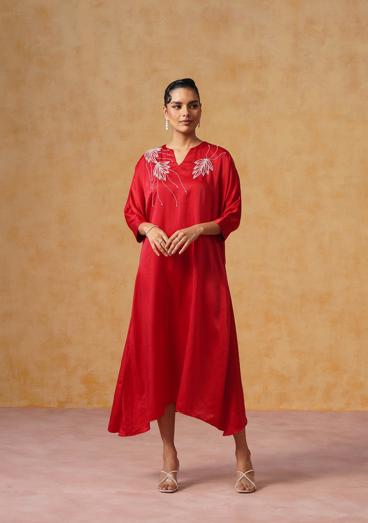 Red Satin Kaftan Midi Dress with Crystal Embroidery