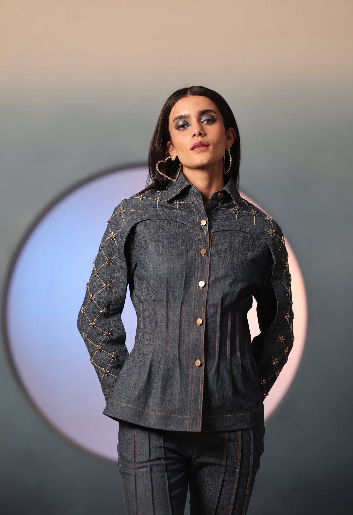 Blue Denim Cinched-Waist Embellished Jacket