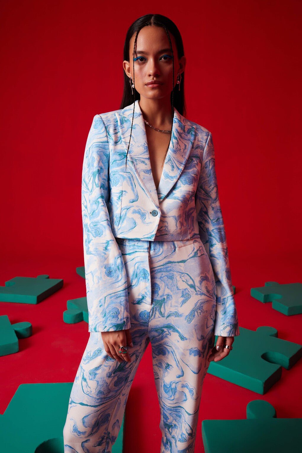 Blue and White Abstract Printed Crop Blazer Co-ord Set
