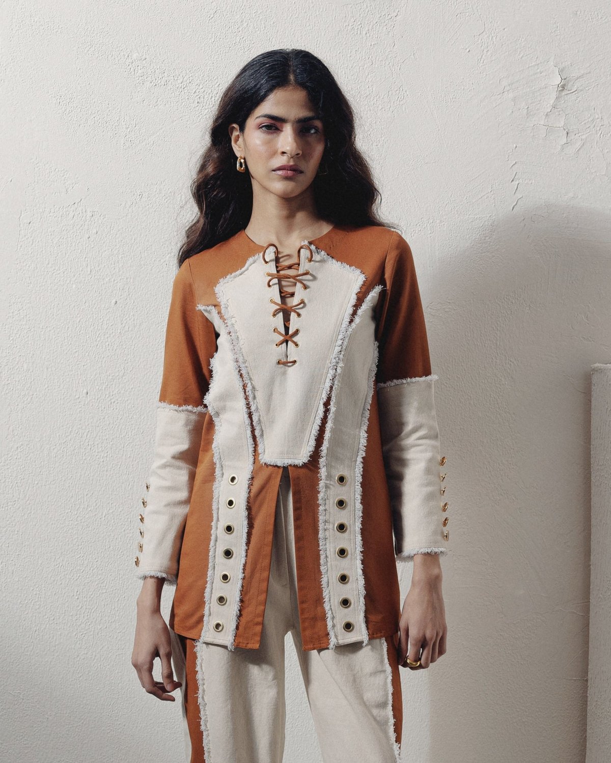Rust and Cream Colorblocked Denim Lace-Up Longline Top