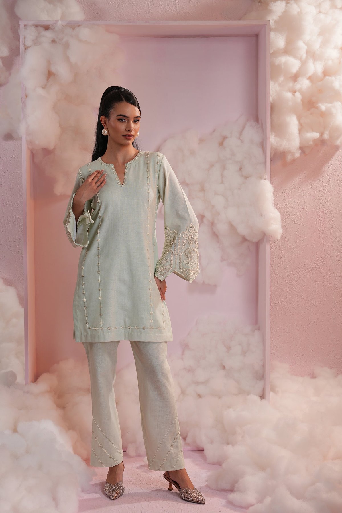 Mint Green Pearl Embroidered Kurta Pant Co-ord Set