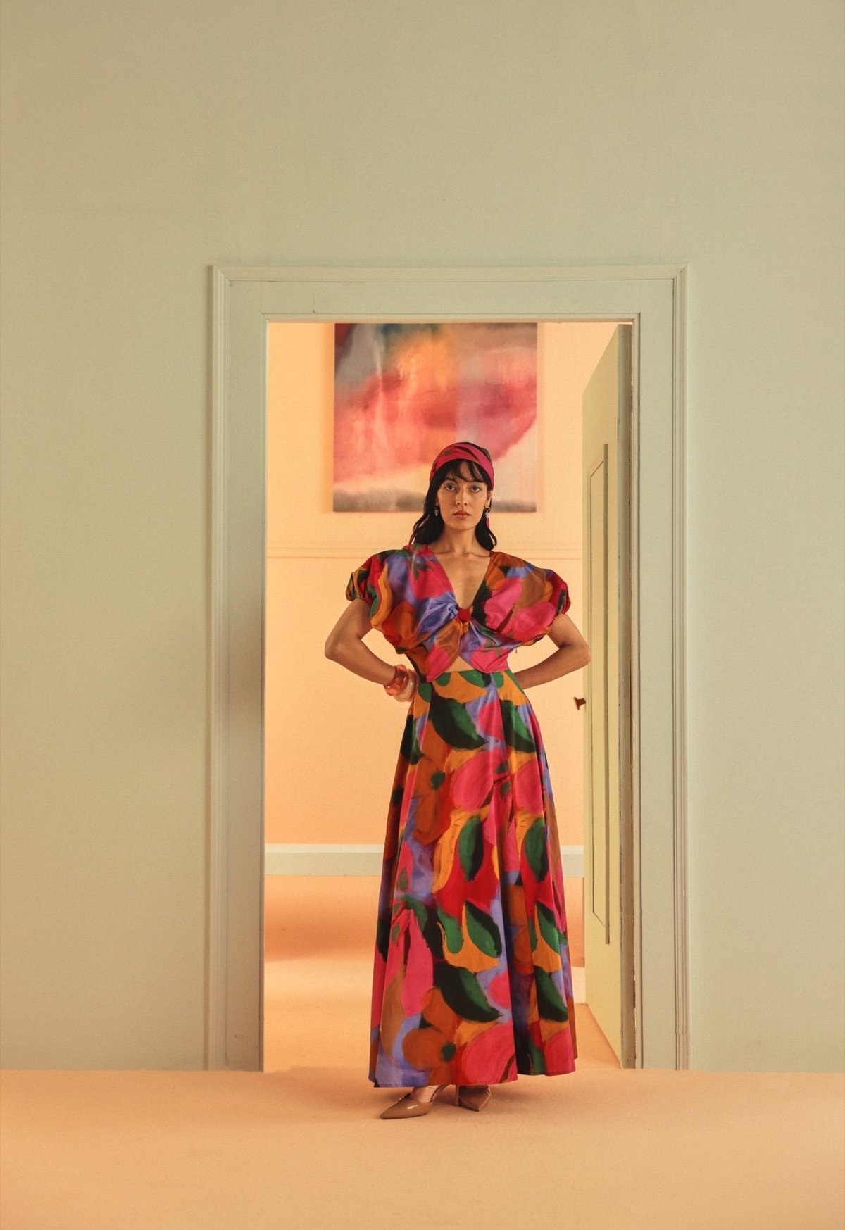 Multicolor Abstract Floral Fit and Flare Maxi Dress
