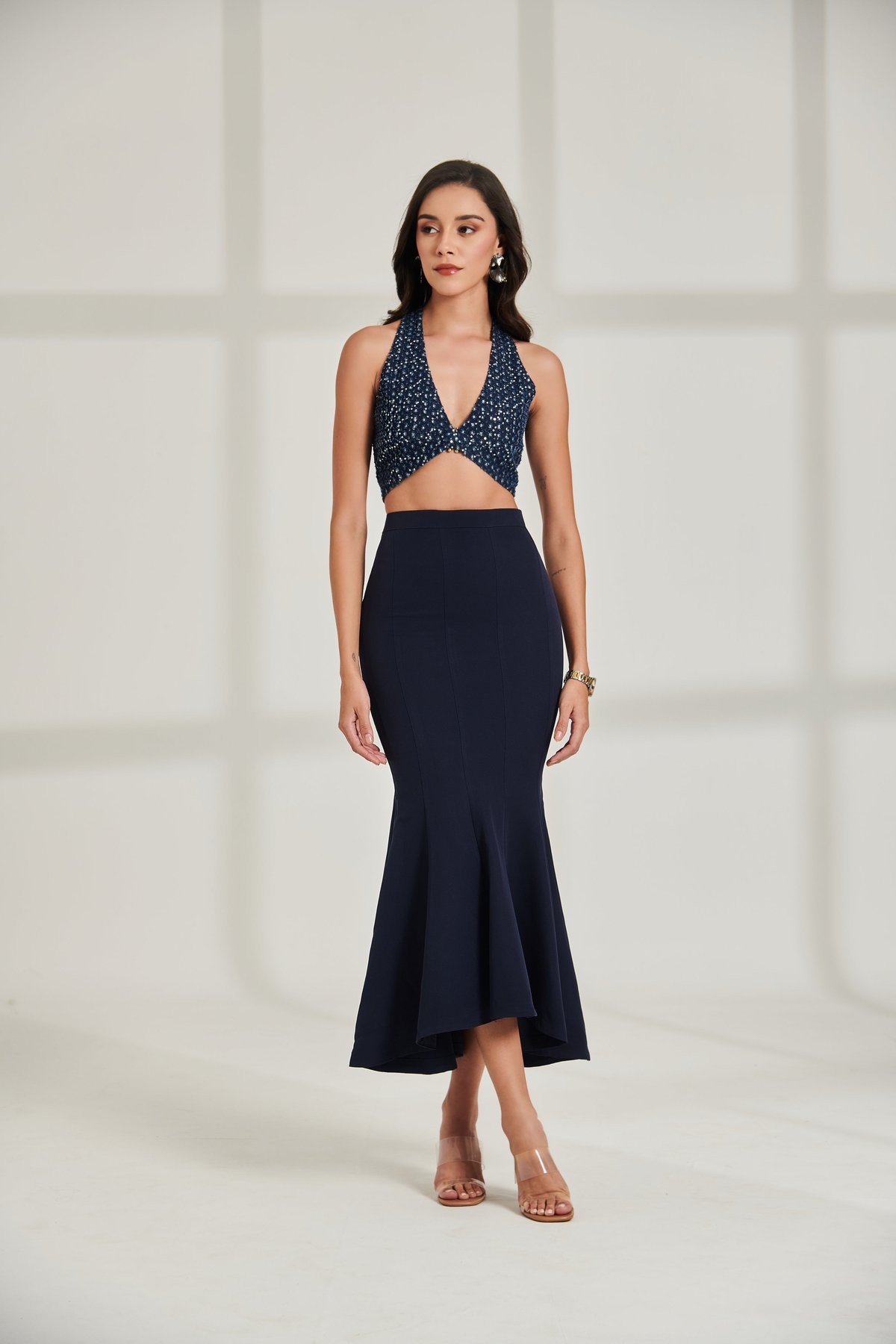 Navy Blue High-Waist Mermaid Ruffle Midi Skirt
