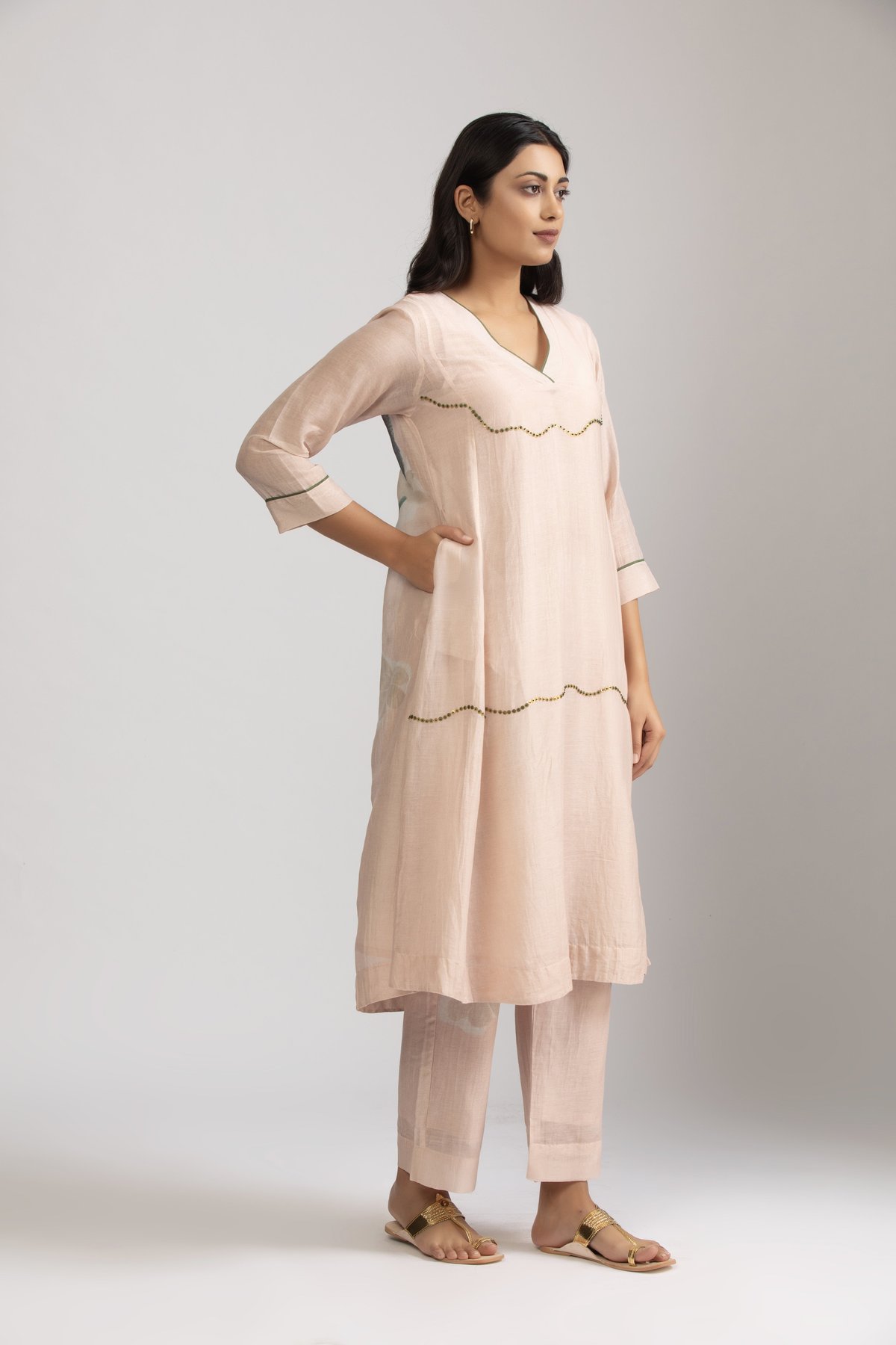 Peach Silk Chanderi V-Neck A-Line Kurta Set