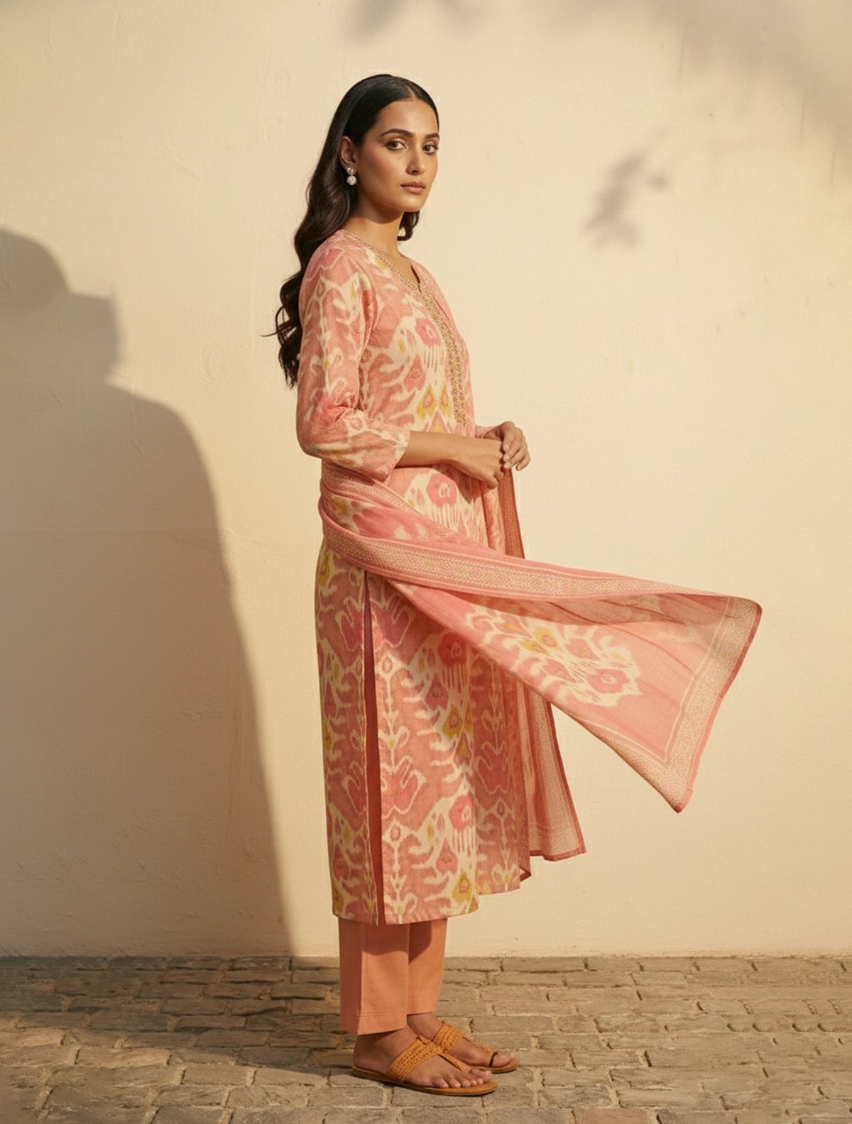 Peach Ikat Print Kurta Set with Embroidered Neck