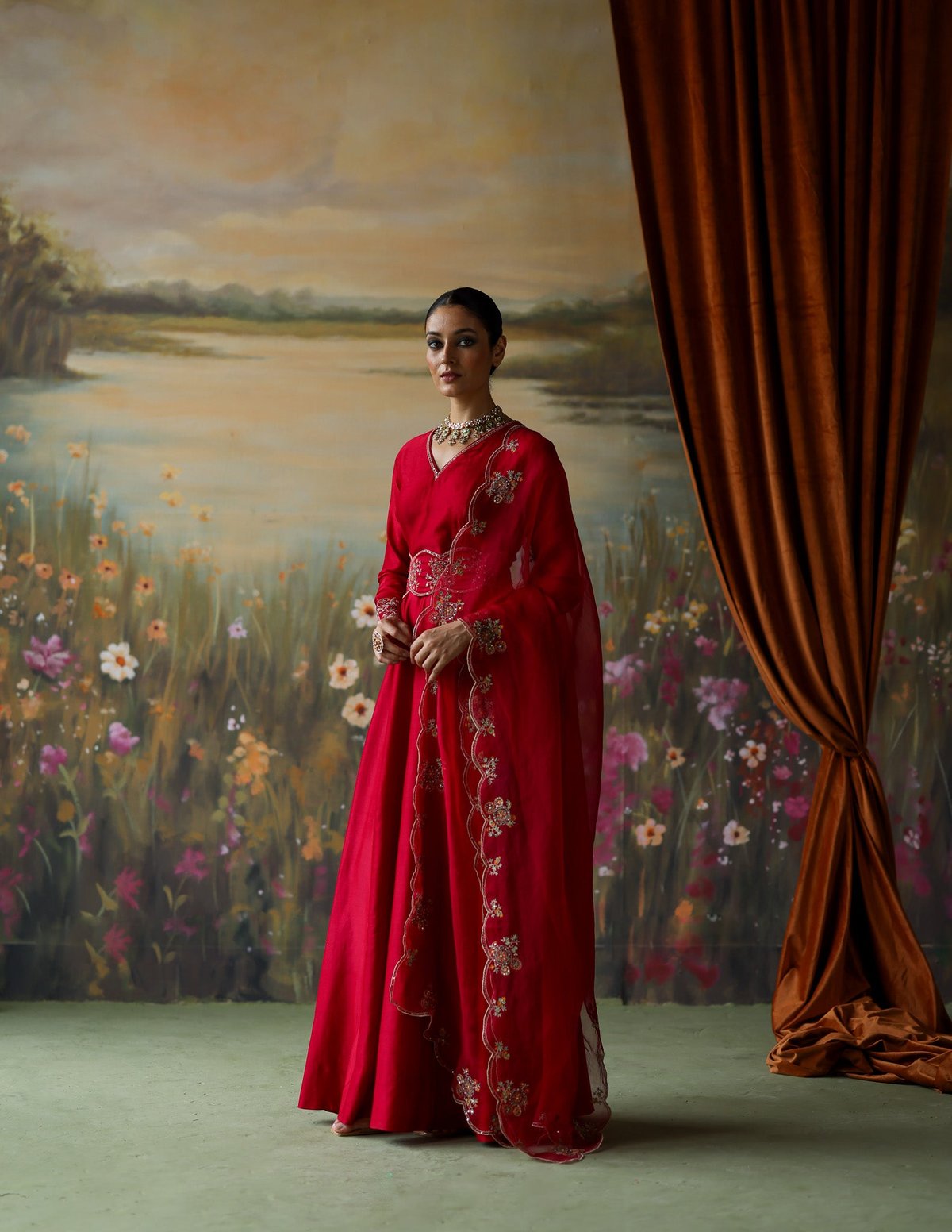 Scarlet Silk Chanderi Embroidered Anarkali Set