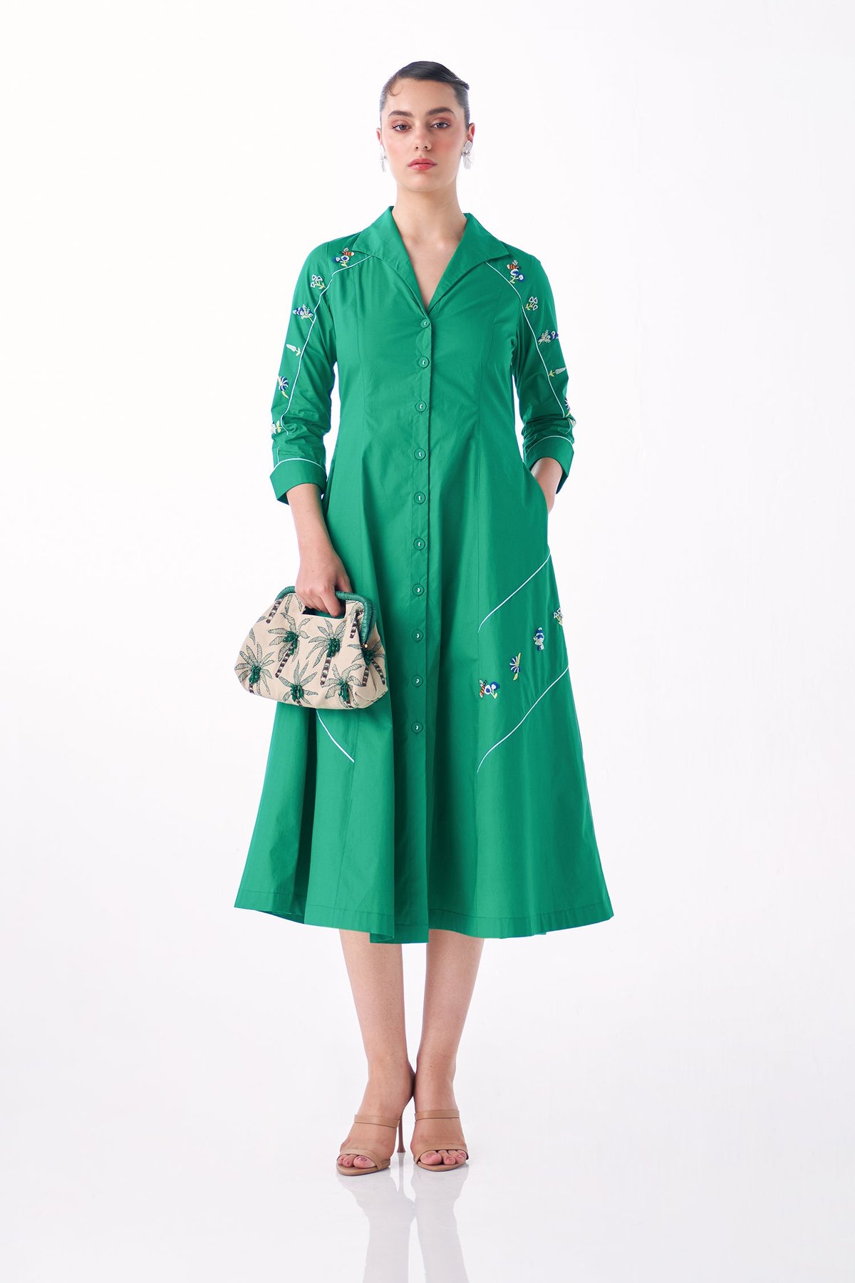 Emerald Cotton Poplin Embroidered Midi Shirt Dress