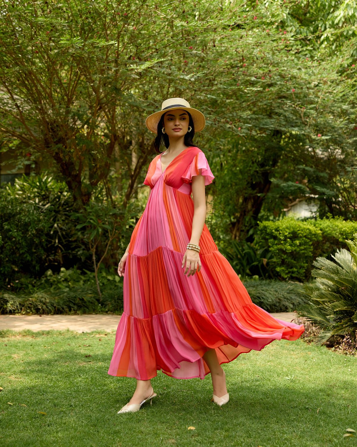 Pink and Orange Colorblocked Tiered Maxi Dress