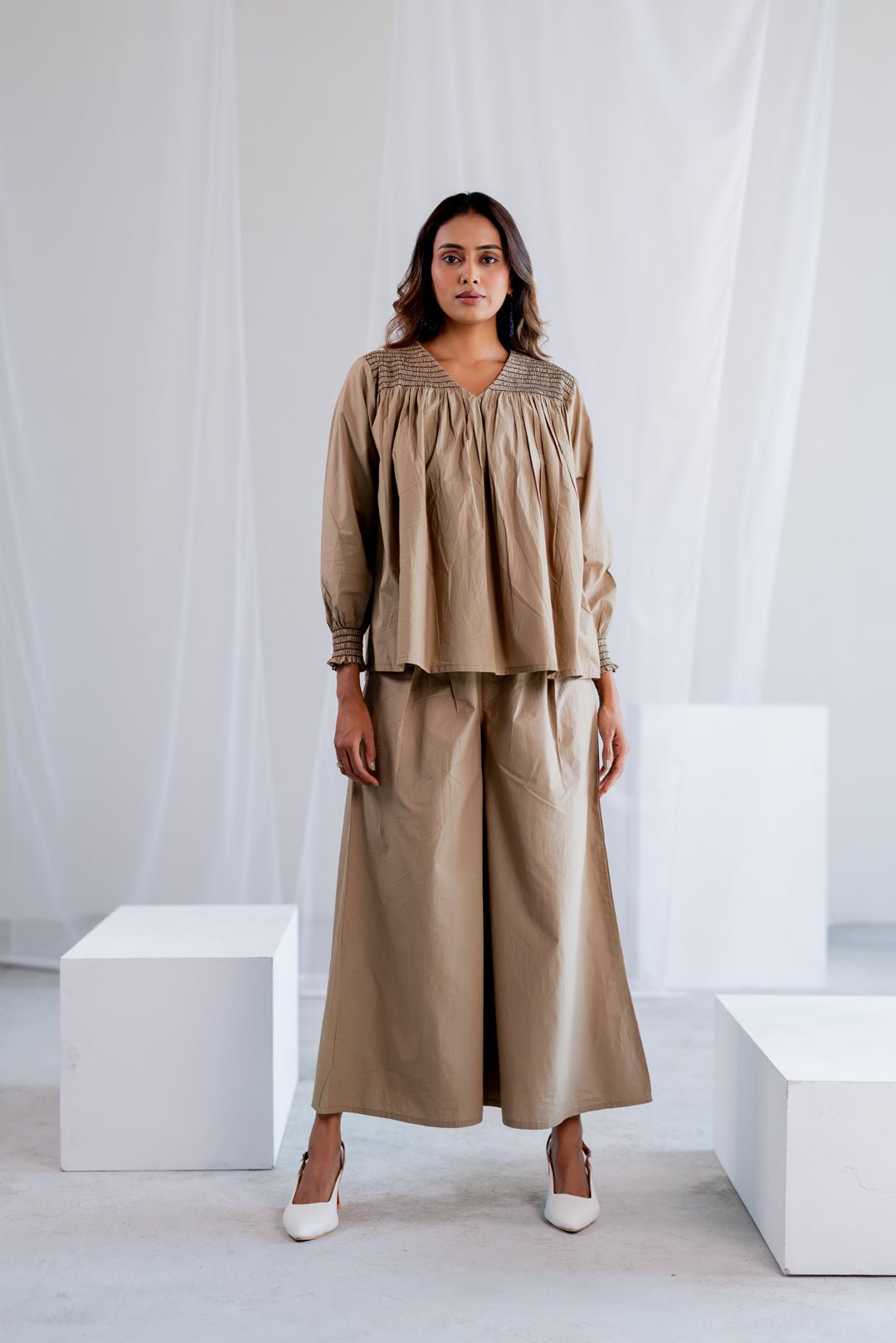 Beige Cotton Poplin Smocked Yoke Co-ord Set