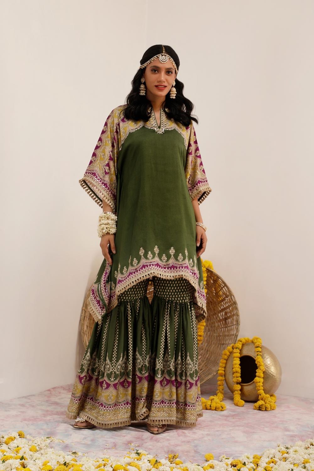 Olive Green Kaftan and Gharara Co-ord Set with Slip