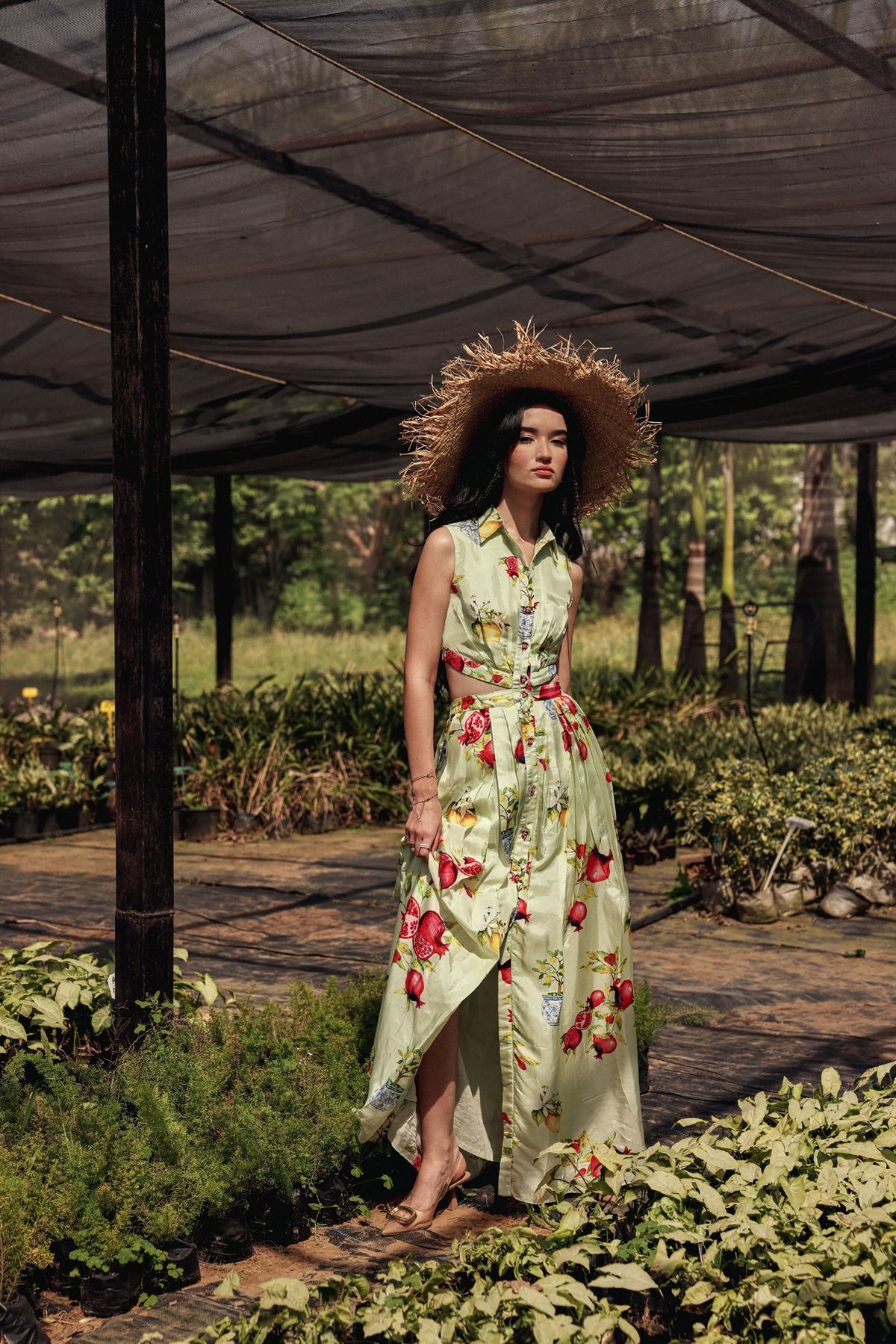 Mint Green Printed Silk Button-Down Maxi Dress