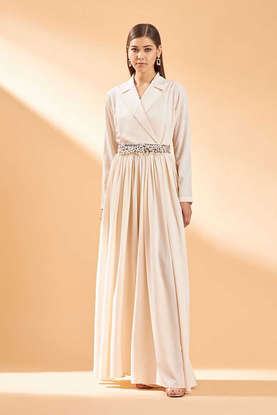Ecru Flared Wide-Leg Lapel Collar Jumpsuit with Belt