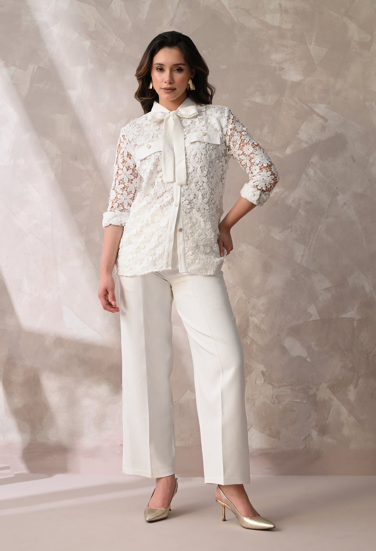 Floral Lace Tie-Neck Shirt & Tailored Wide-Leg Pants
